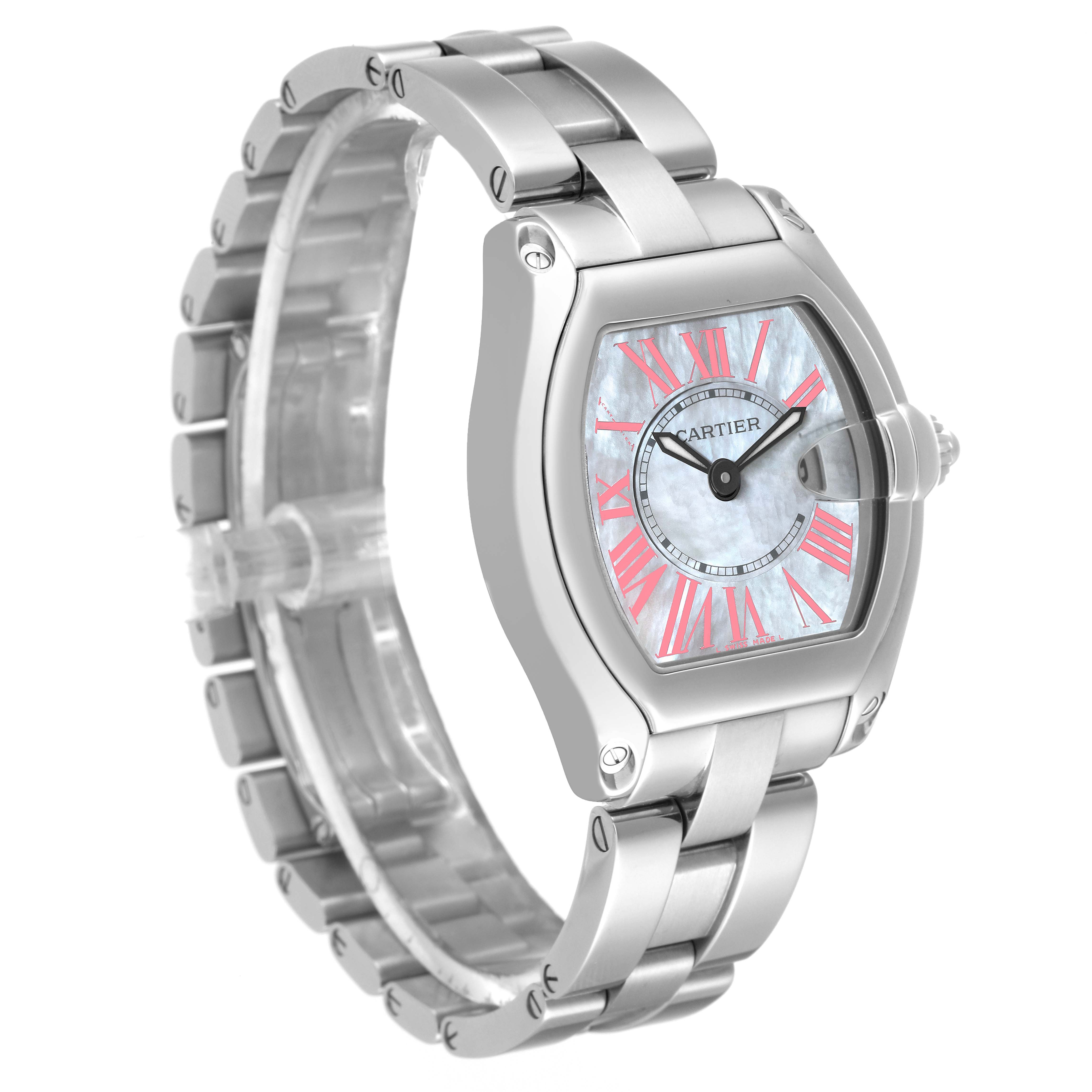 The Cartier Roadster W6206006 Women's Stainless Steel Mother of Pearl Dial W6206006 Women's Stainless Steel Mother of Pearl Dial watch is shown from a three-quarter angle highlighting its face, case, and bracelet.