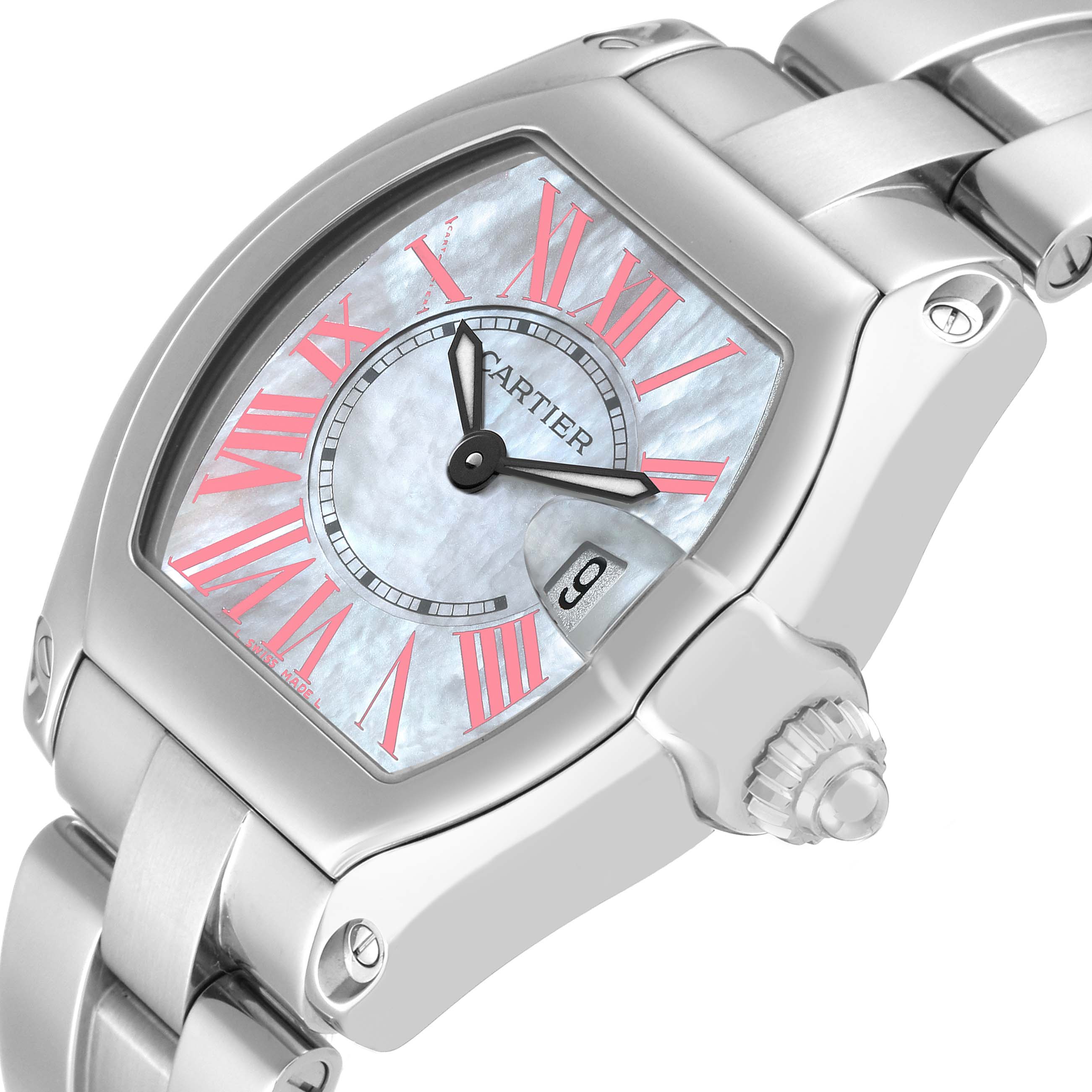 The image shows a Cartier Roadster W6206006 Women's Stainless Steel Mother of Pearl Dial W6206006 Women's Stainless Steel Mother of Pearl Dial watch from an angled side view, highlighting its dial, case, crown, and part of the bracelet.