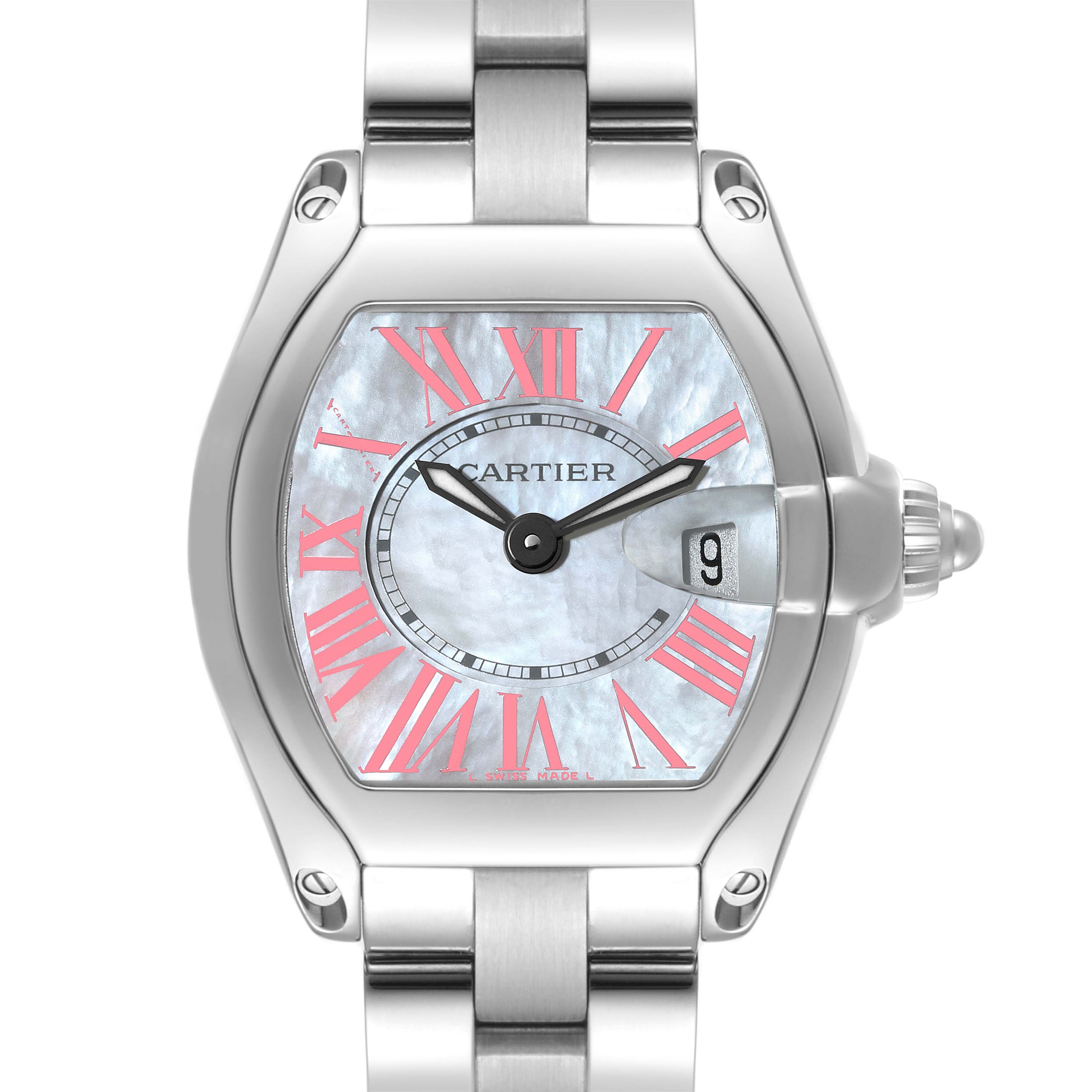 This Cartier Roadster W6206006 Women's Stainless Steel Mother of Pearl Dial W6206006 Women's Stainless Steel Mother of Pearl Dial watch is shown from a front angle, displaying the face, dial, hands, and part of the bracelet.