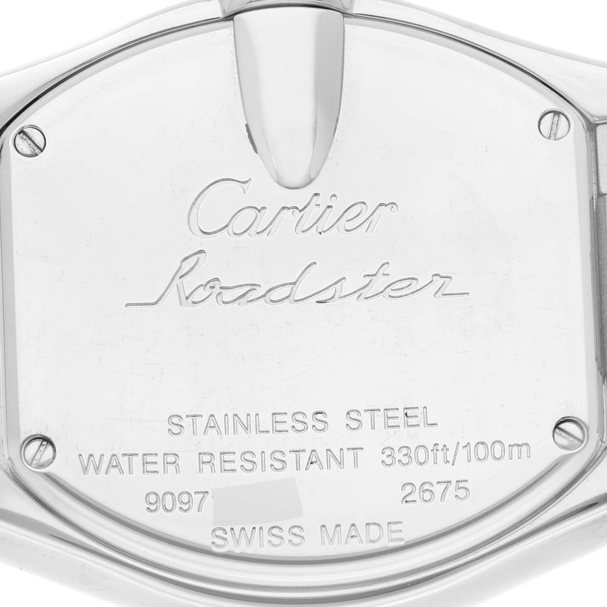 This image shows the back case of a Cartier Roadster W6206006 Women's Stainless Steel Mother of Pearl Dial W6206006 Women's Stainless Steel Mother of Pearl Dial watch, highlighting its engravings.