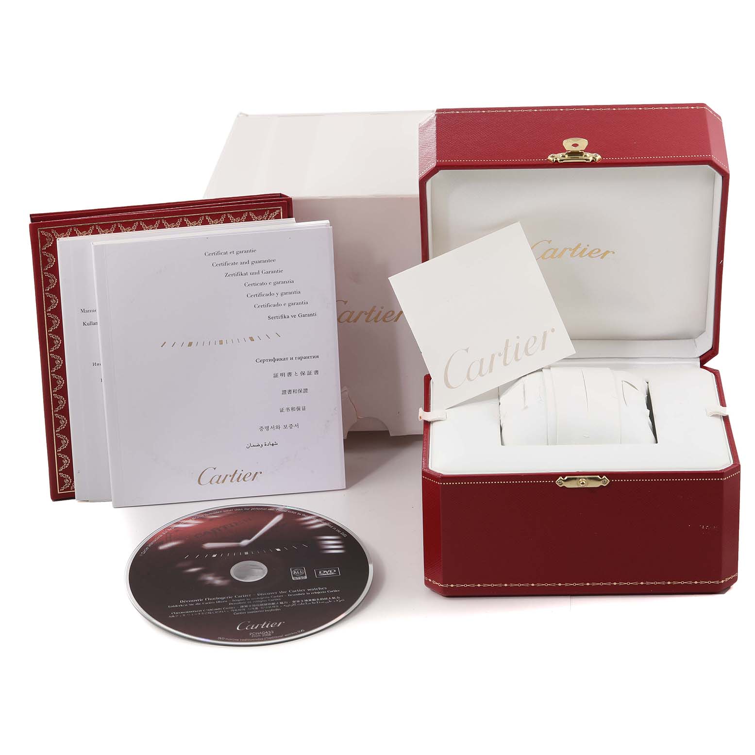 The image shows the Cartier Roadster W6206006 Women's Stainless Steel Mother of Pearl Dial W6206006 Women's Stainless Steel Mother of Pearl Dial watch packaging, including a red box, manuals, and a CD, viewed from the front angle.
