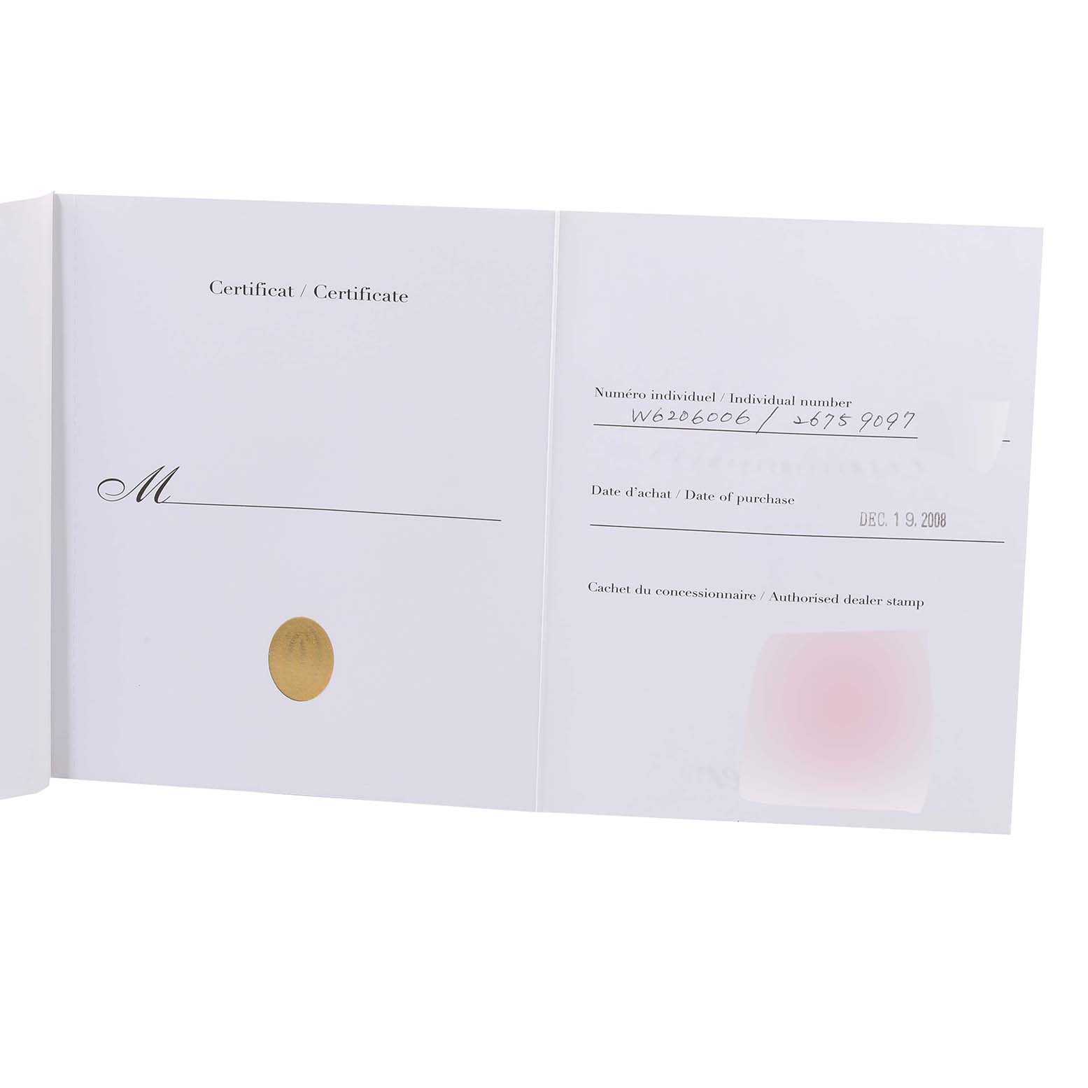 The image shows a certification card for the Cartier Roadster W6206006 Women's Stainless Steel Mother of Pearl Dial W6206006 Women's Stainless Steel Mother of Pearl Dial model watch, displaying the individual number and purchase date.