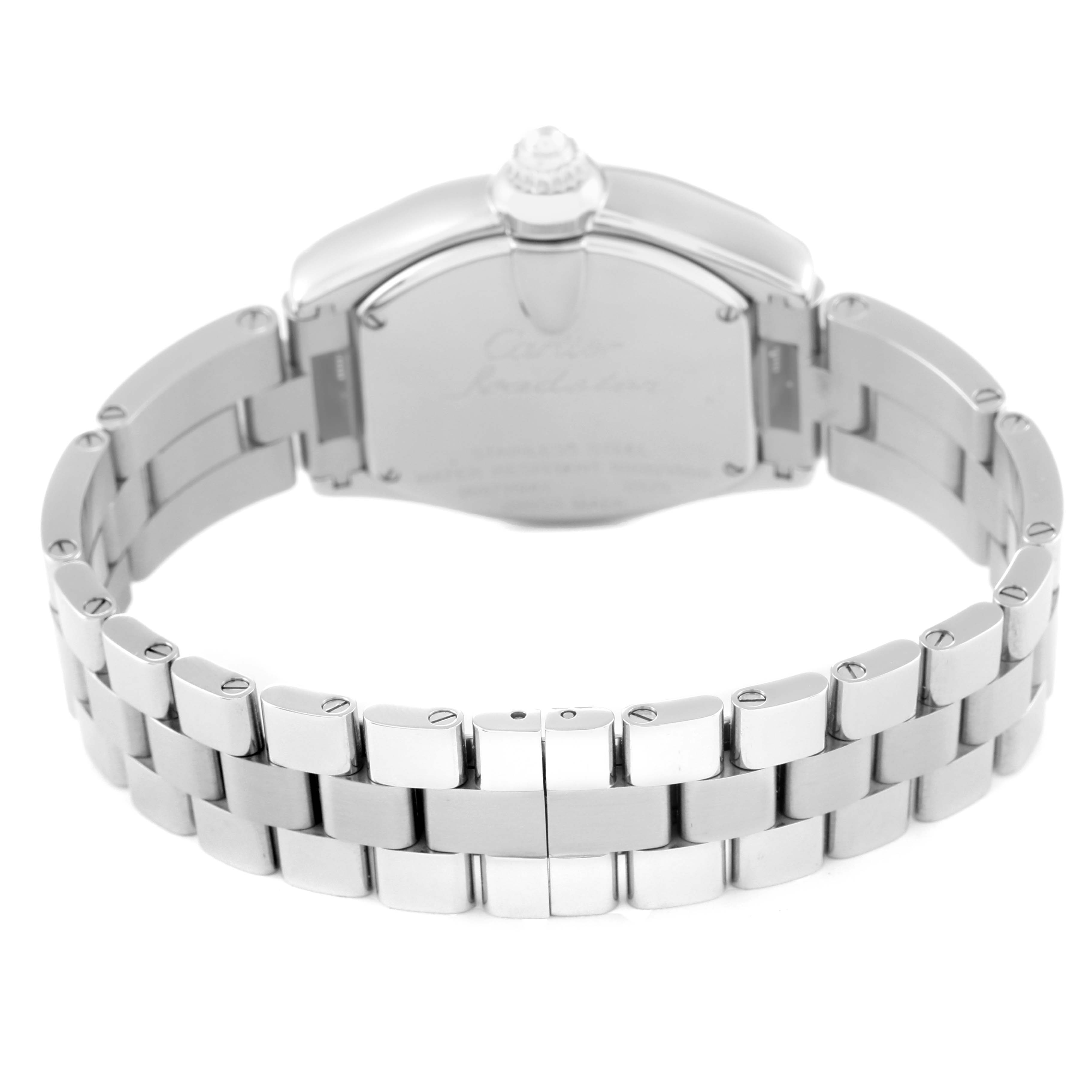 This image shows the back and bracelet of a Cartier Roadster W6206006 Women's Stainless Steel Mother of Pearl Dial W6206006 Women's Stainless Steel Mother of Pearl Dial watch from a rear angle.
