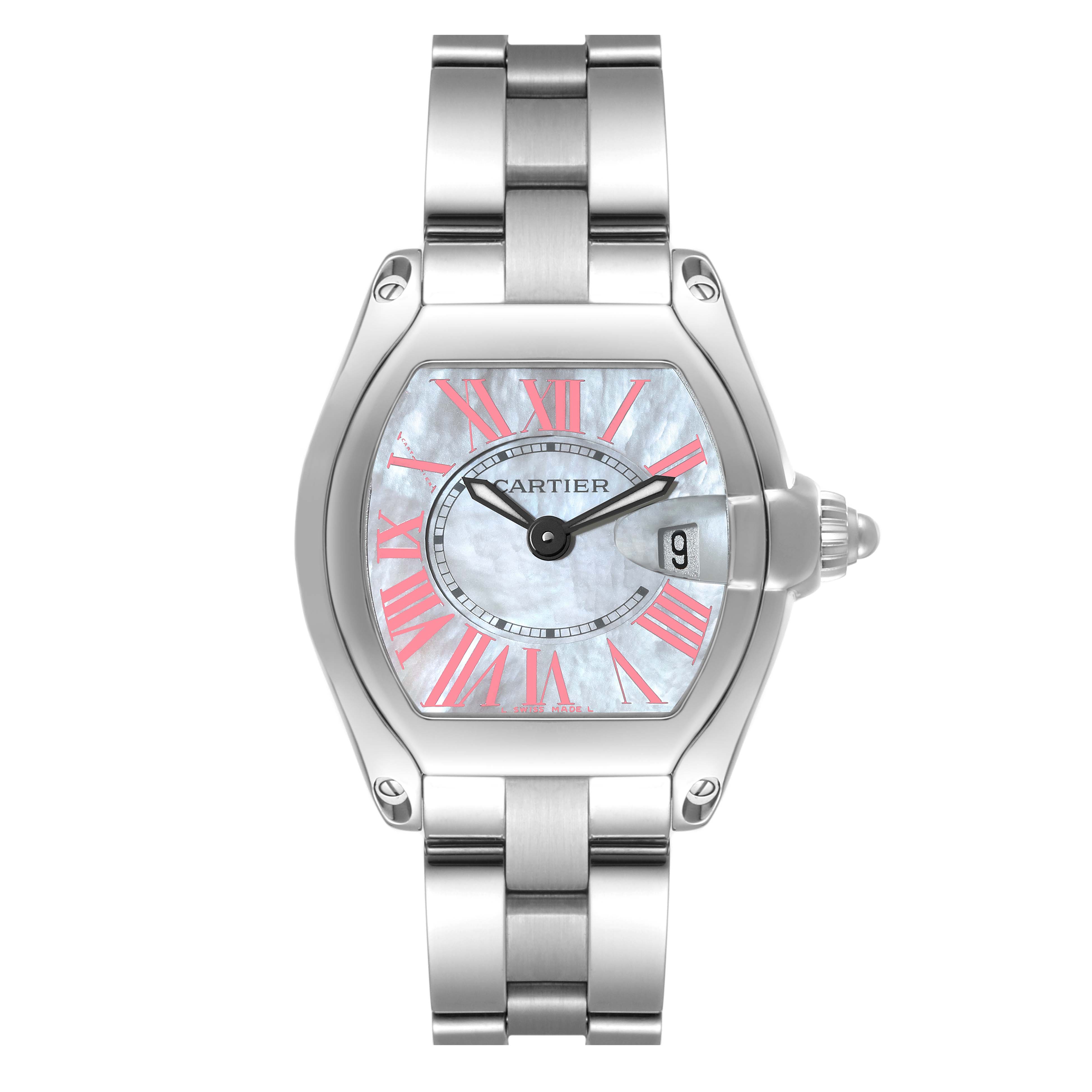 This image shows a front view of the Cartier Roadster W6206006 Women's Stainless Steel Mother of Pearl Dial W6206006 Women's Stainless Steel Mother of Pearl Dial watch, highlighting its face, crown, and bracelet.