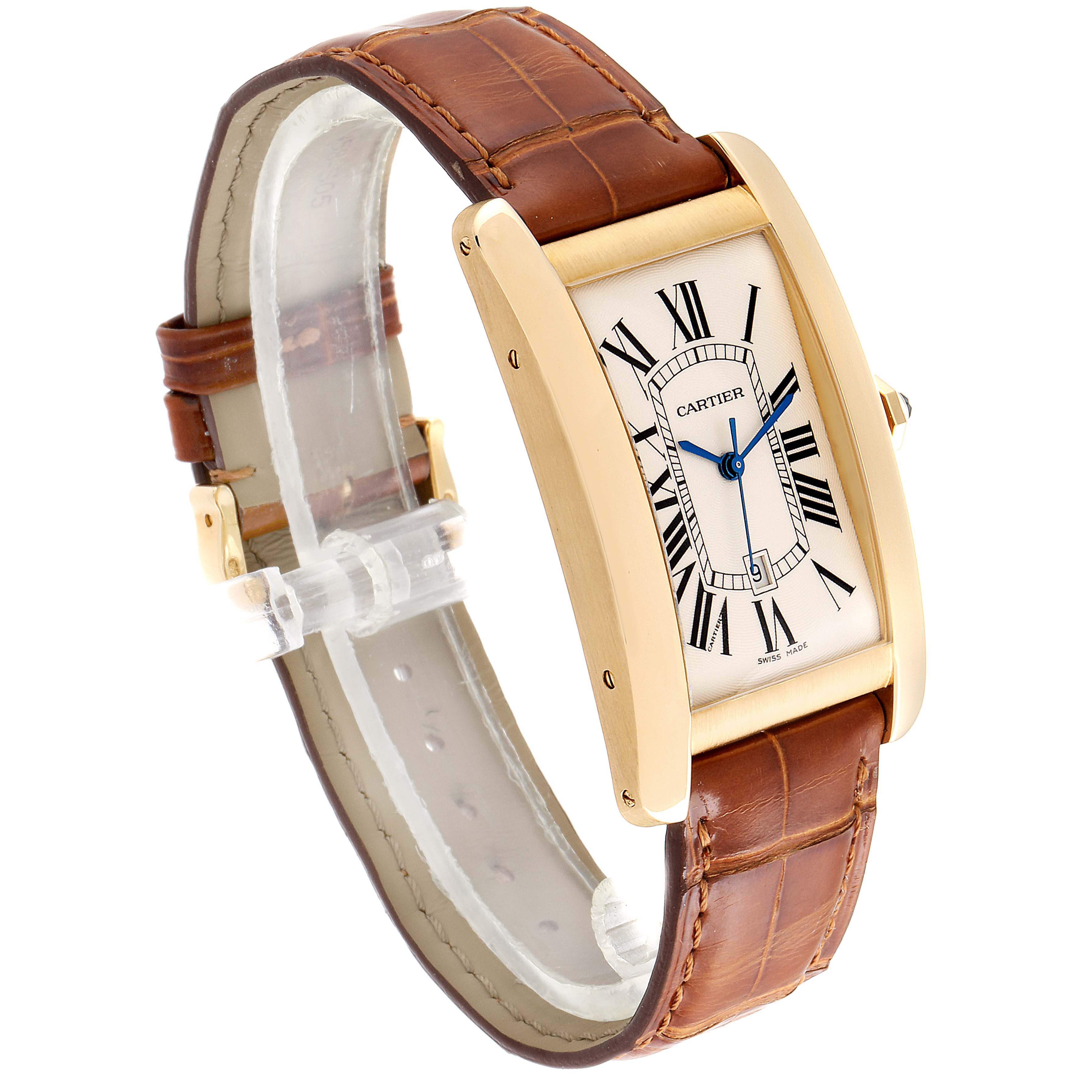 This image shows a Cartier Tank Americaine W2603156 Men's Yellow Gold Silver Dial W2603156 Men's Yellow Gold Silver Dial watch at a slight angle, highlighting its gold case, leather strap, and Roman numeral dial.