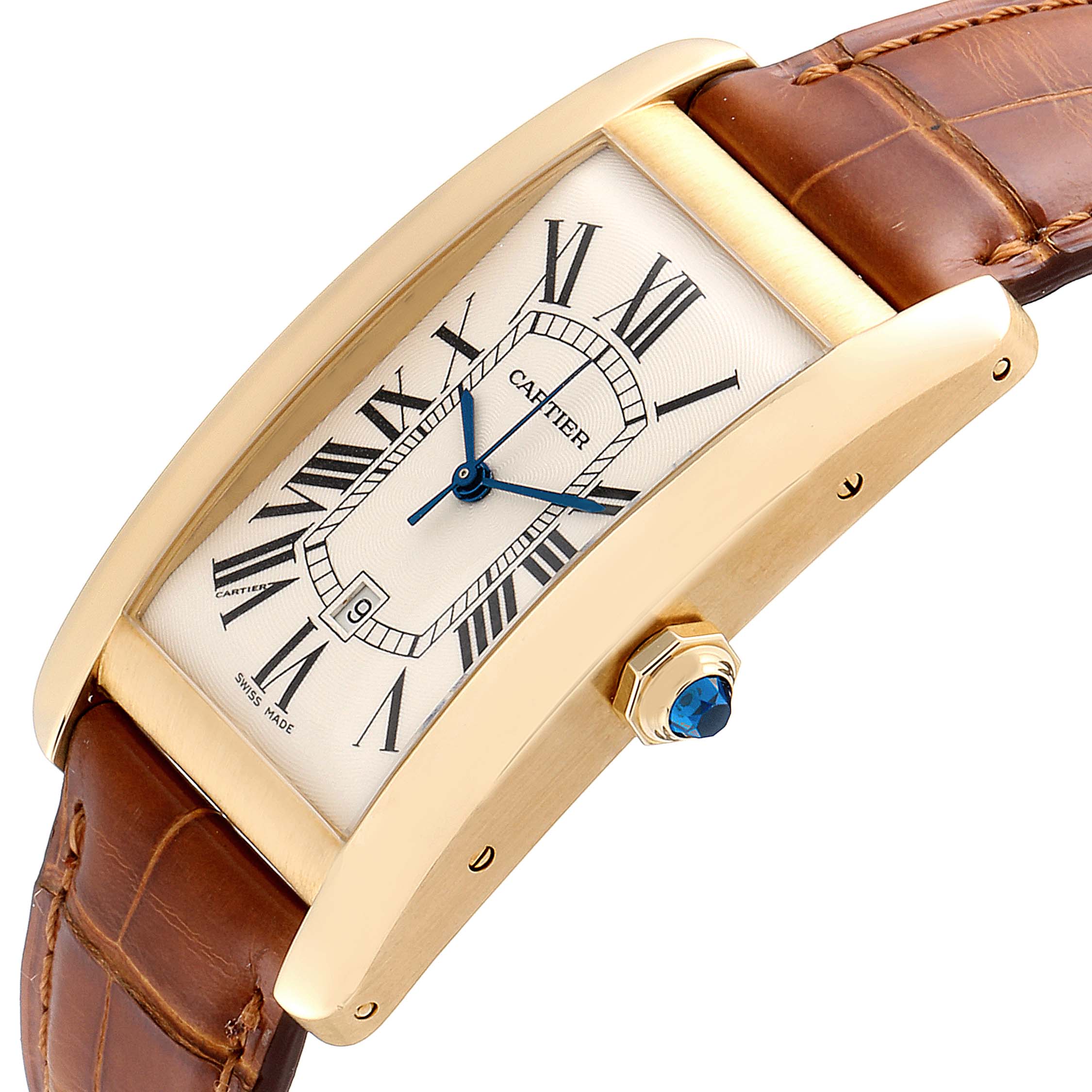 The Cartier Tank Americaine W2603156 Men's Yellow Gold Silver Dial W2603156 Men's Yellow Gold Silver Dial watch is shown at a slight angle, highlighting the dial, Roman numerals, and brown leather strap.
