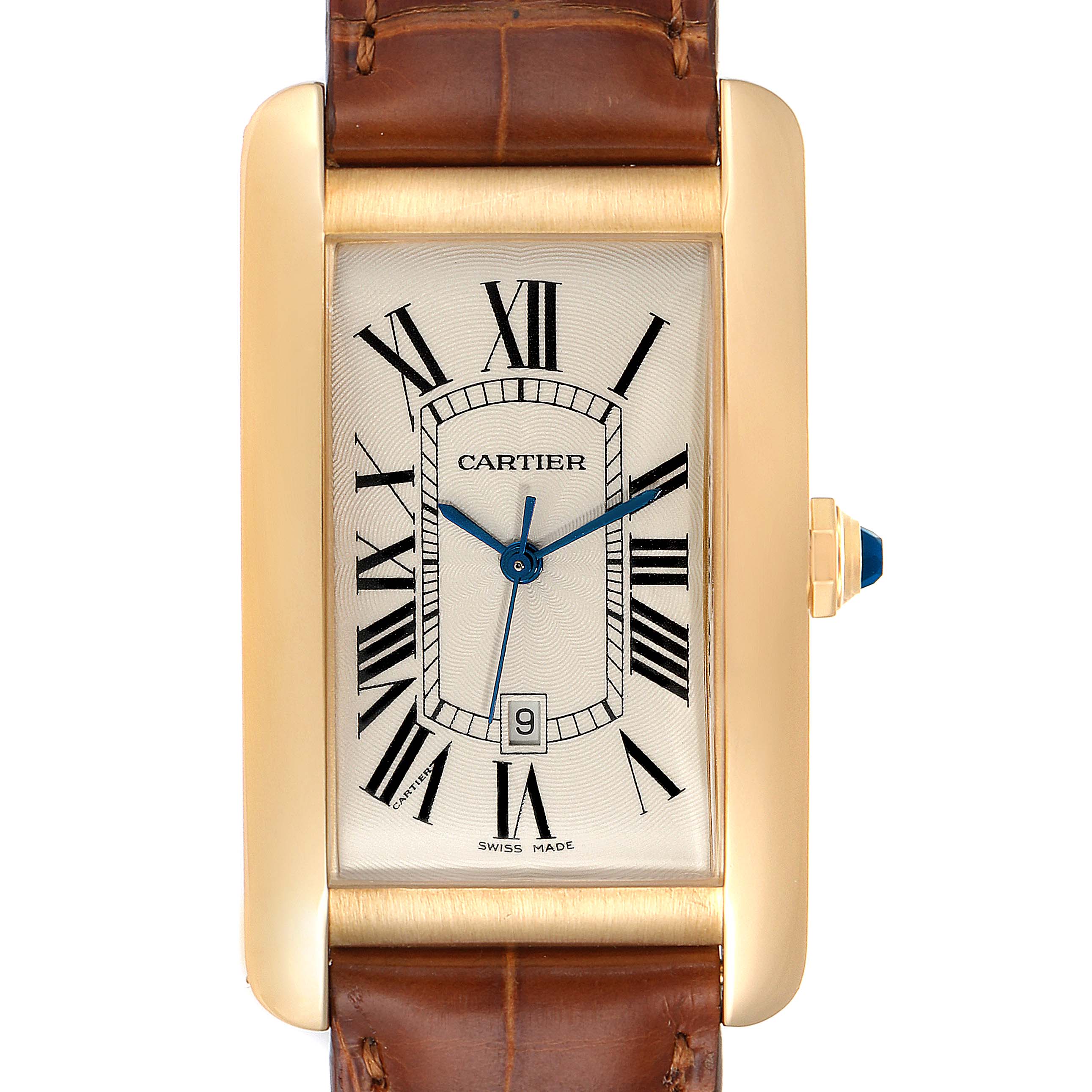 The image shows a frontal view of the Cartier Tank Americaine W2603156 Men's Yellow Gold Silver Dial W2603156 Men's Yellow Gold Silver Dial watch with a gold case, Roman numeral dial, and brown leather strap.