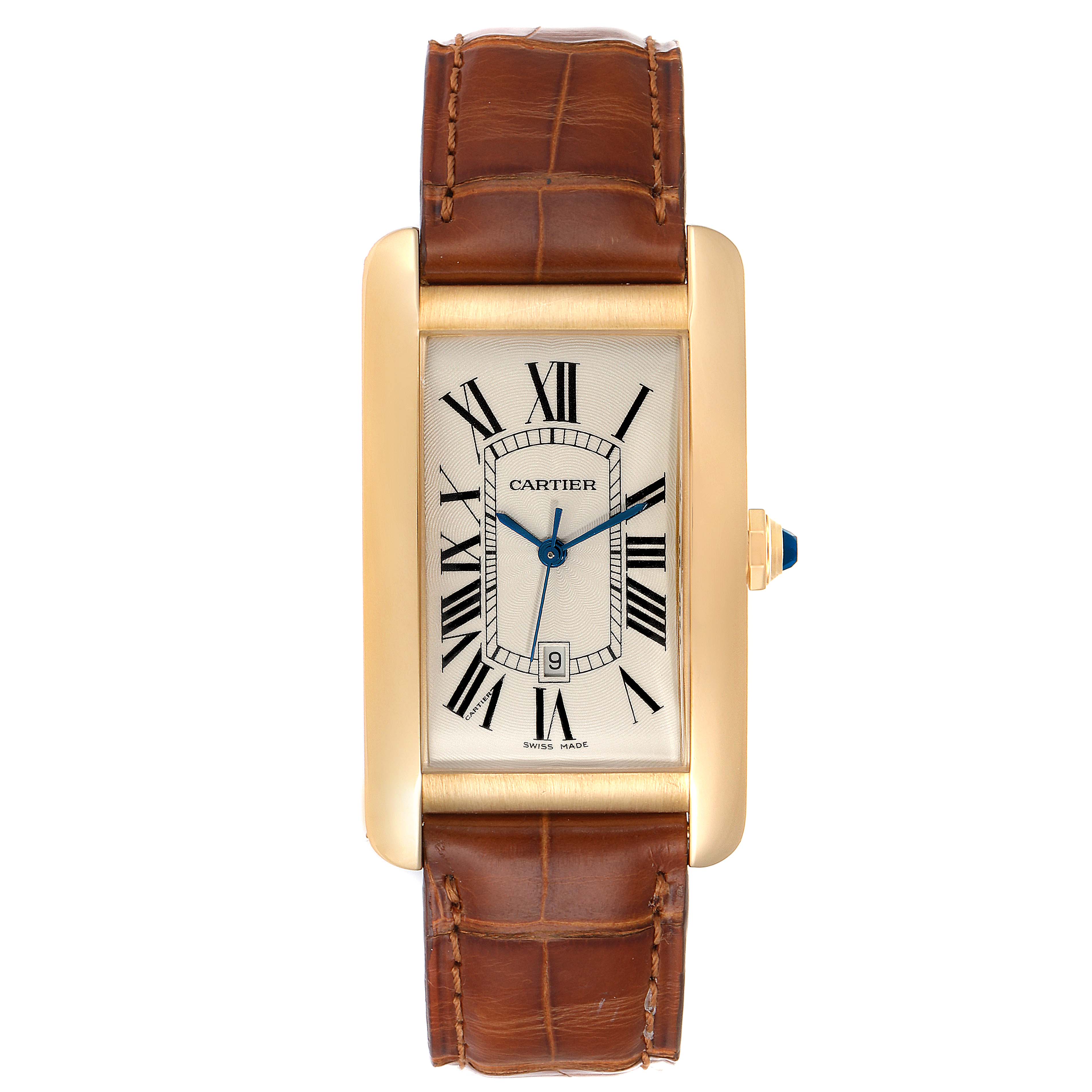 This image shows a front view of a Cartier Tank Américaine watch with a brown leather strap and Roman numeral face.