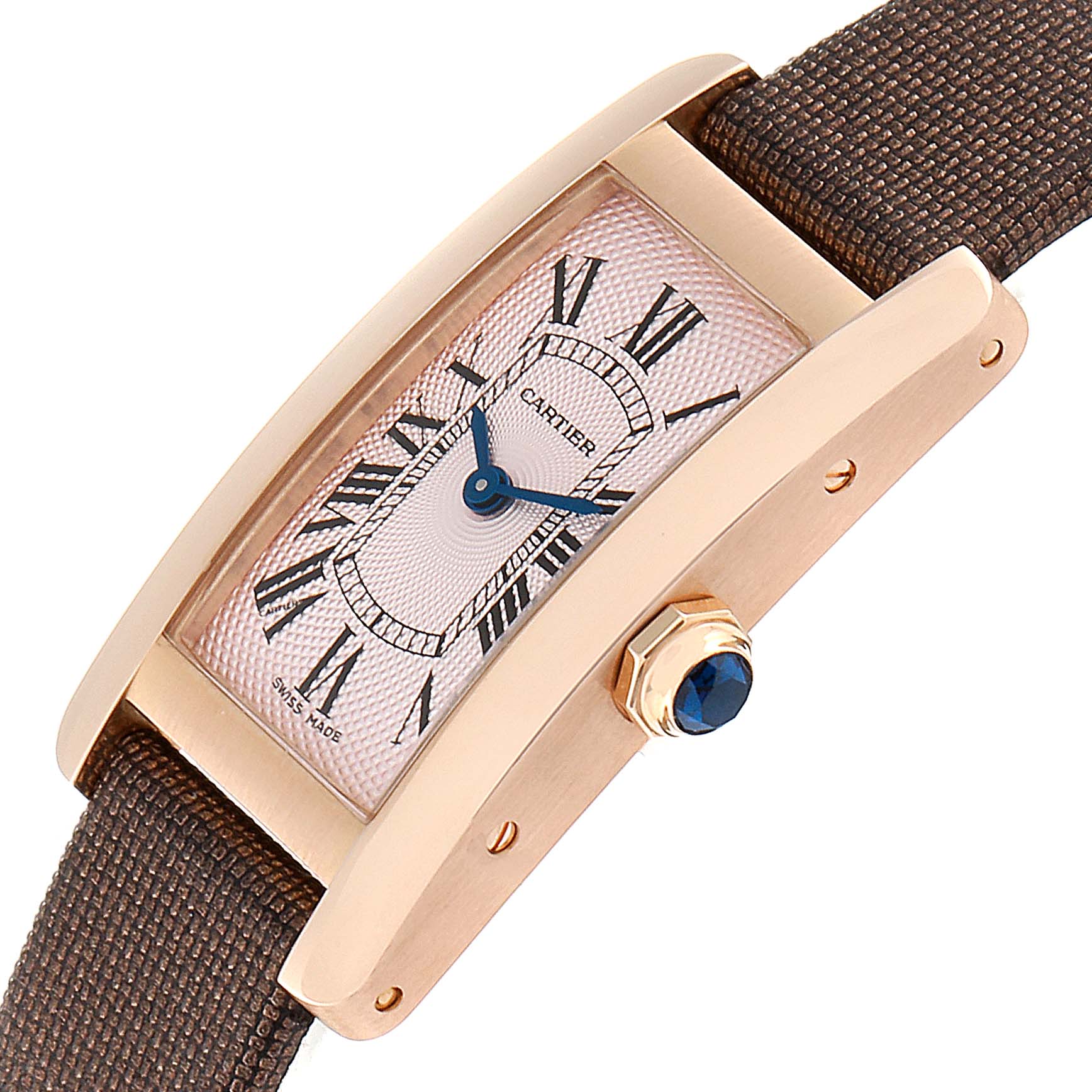 This image shows a close-up side angle of the Cartier Tank Américaine watch, highlighting the dial, crown, and strap.