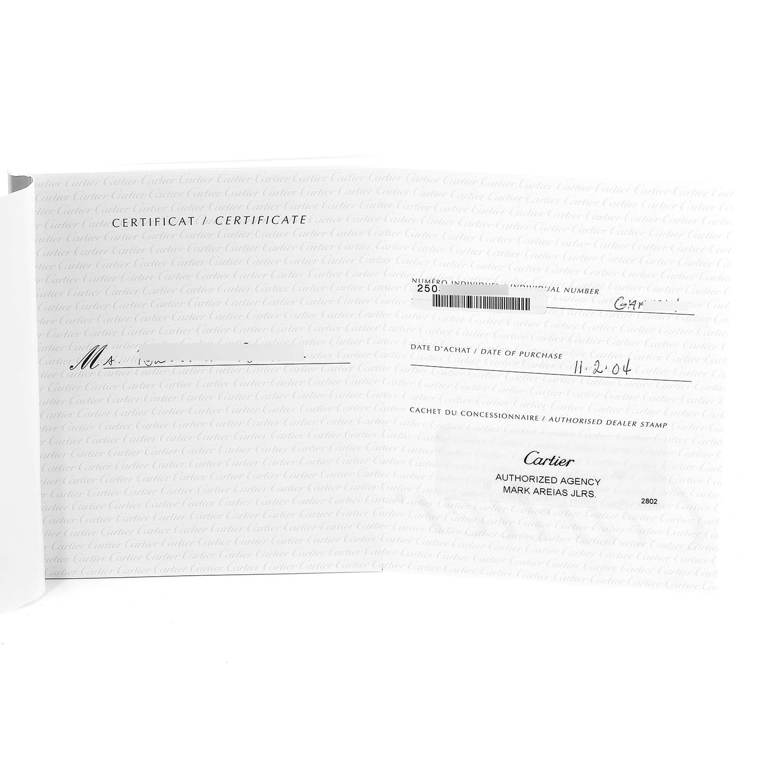 The image shows a certificate for a Cartier Tank Americaine 2503 Women's Rose Gold Pink Dial 2503 Women's Rose Gold Pink Dial watch, including purchase date and dealer stamp.