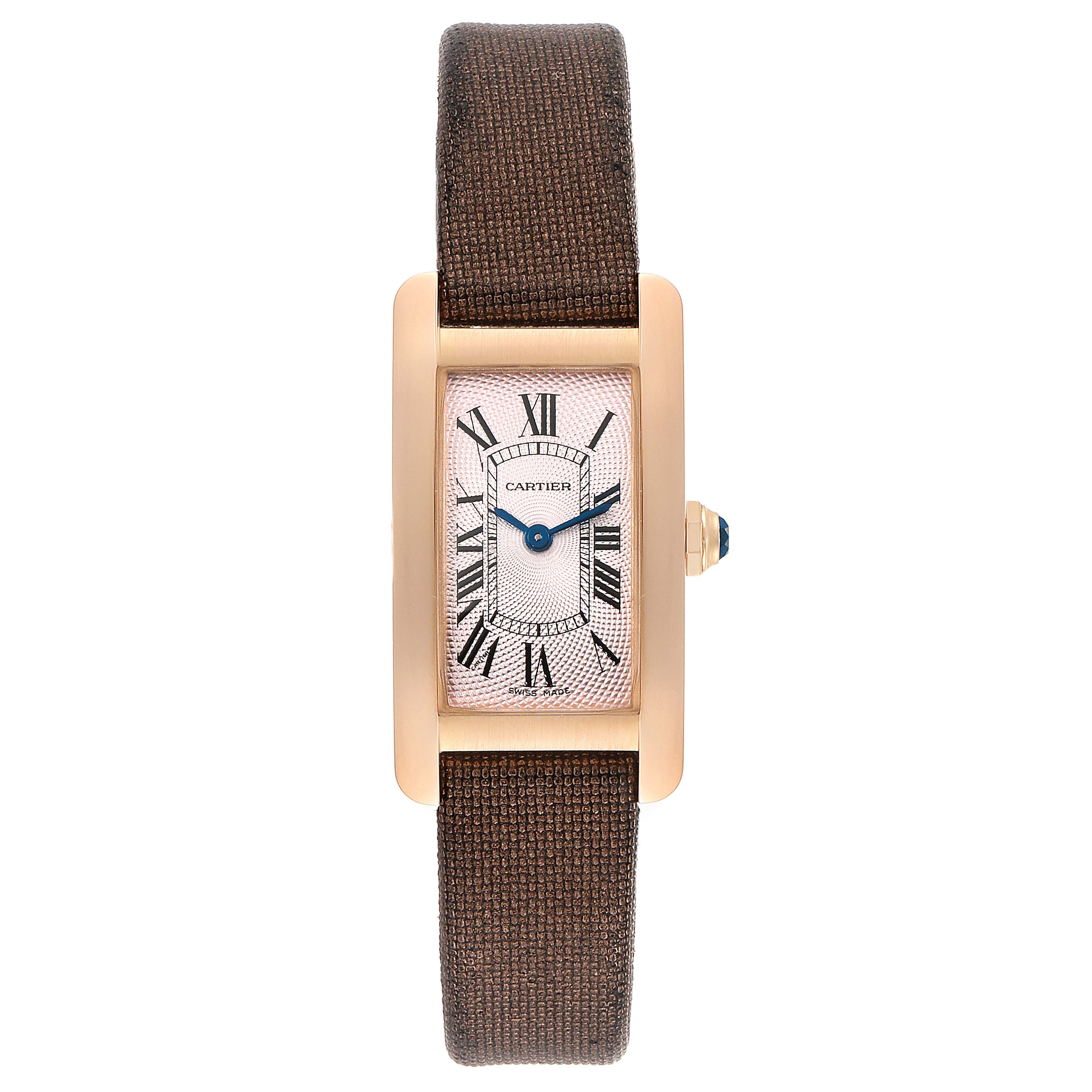 The image shows a front view of a Cartier Tank Americaine 2503 Women's Rose Gold Pink Dial 2503 Women's Rose Gold Pink Dial watch, highlighting its face, case, crown, and strap.