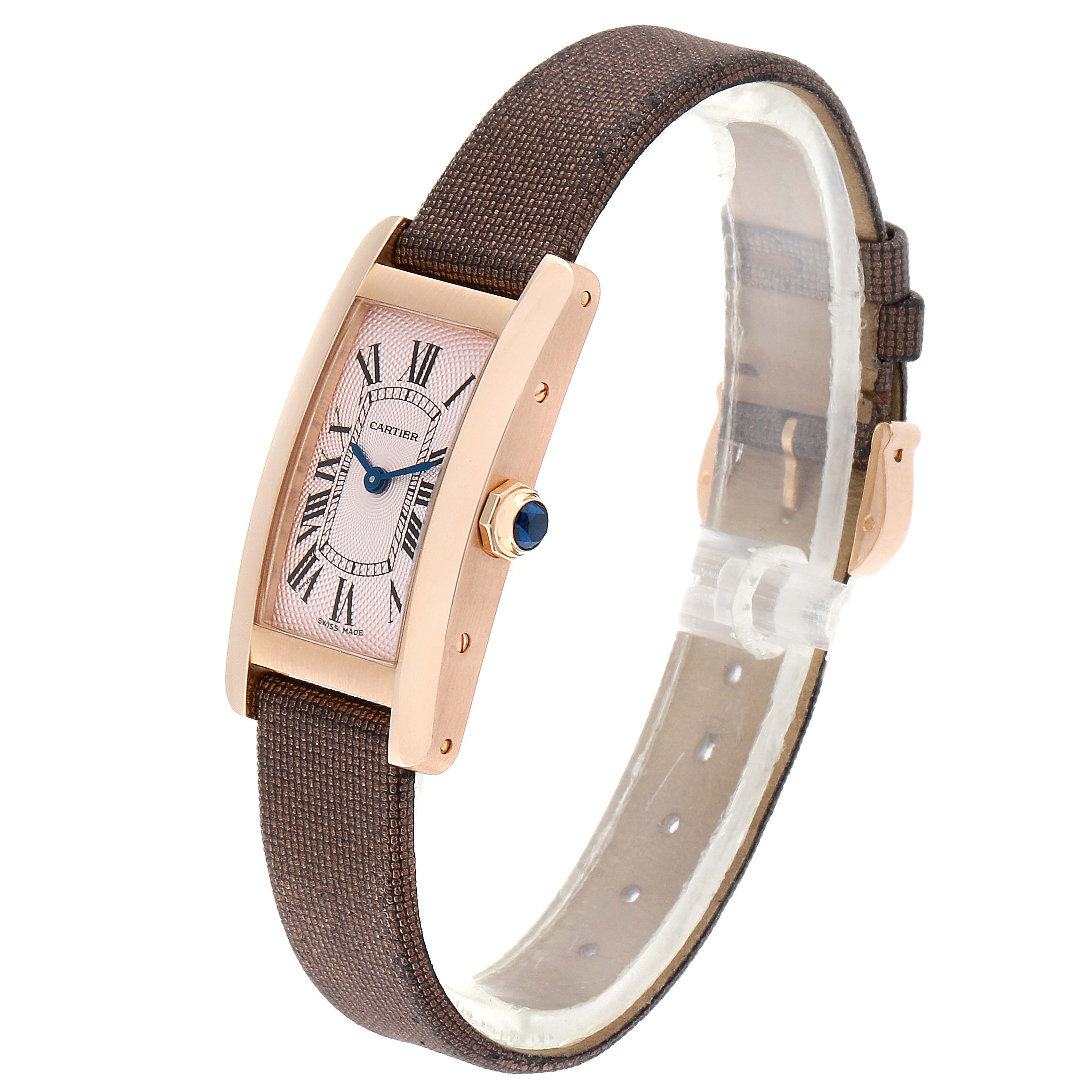 The image shows a Cartier Tank Americaine 2503 Women's Rose Gold Pink Dial 2503 Women's Rose Gold Pink Dial watch from a front-left angle, highlighting the dial, strap, and crown.