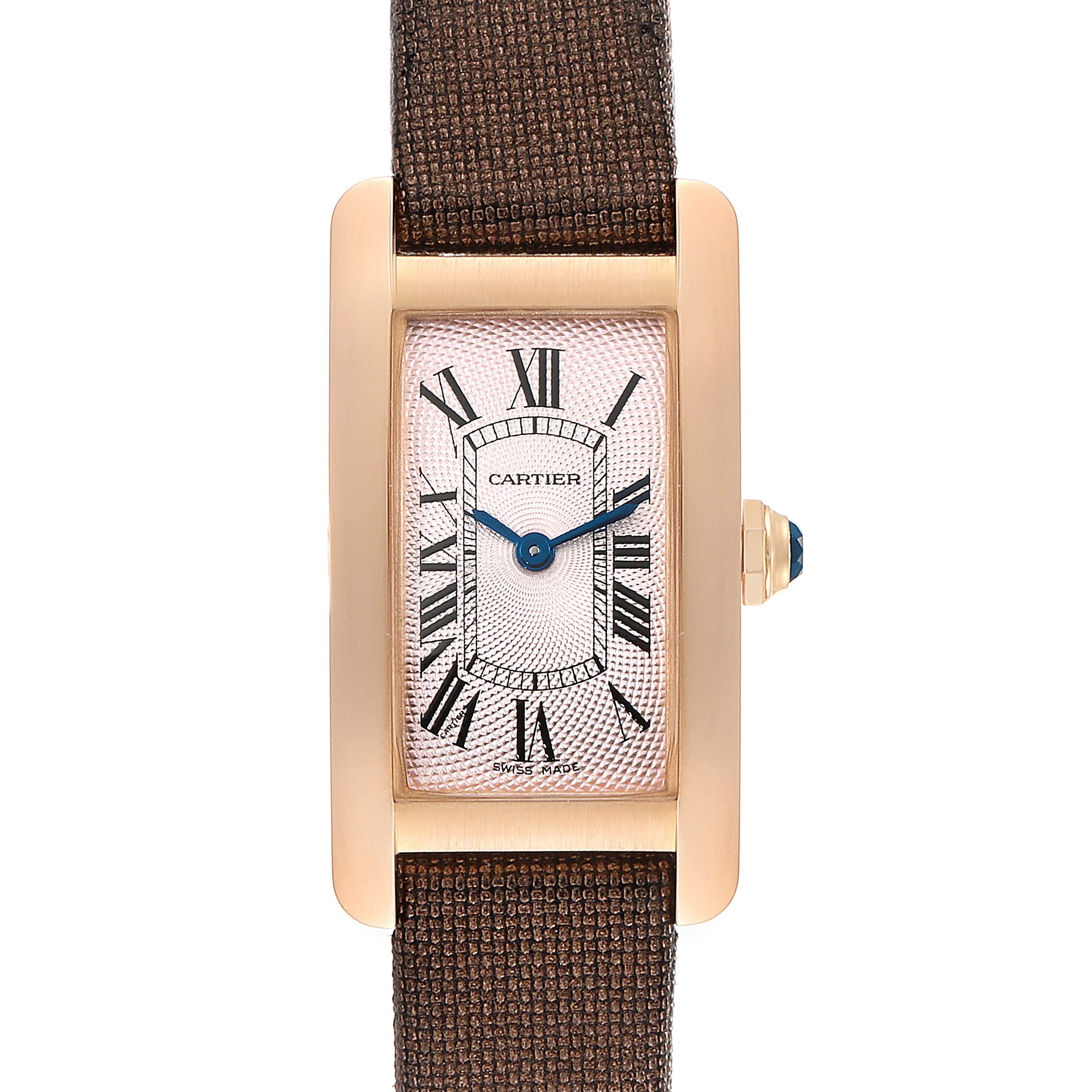 This image shows a front view of the Cartier Tank Americaine 2503 Women's Rose Gold Pink Dial 2503 Women's Rose Gold Pink Dial watch, featuring its dial, Roman numerals, and brown strap.