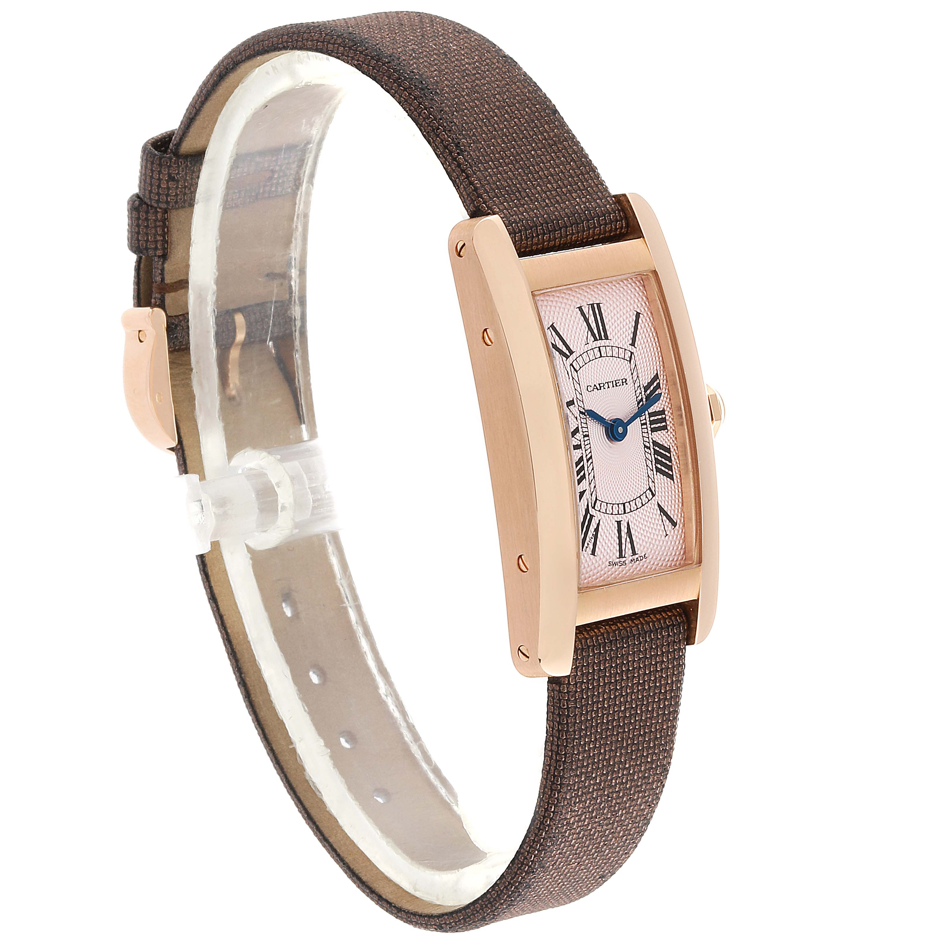 This image shows a Cartier Tank Americaine 2503 Women's Rose Gold Pink Dial 2503 Women's Rose Gold Pink Dial watch at a slight angle, highlighting its rectangular face and brown strap.