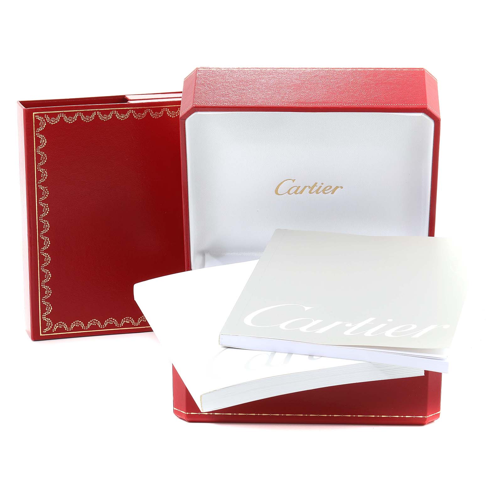 The image shows the Cartier Tank Americaine 2503 Women's Rose Gold Pink Dial 2503 Women's Rose Gold Pink Dial watch packaging, including the red box, inner case, and booklets.