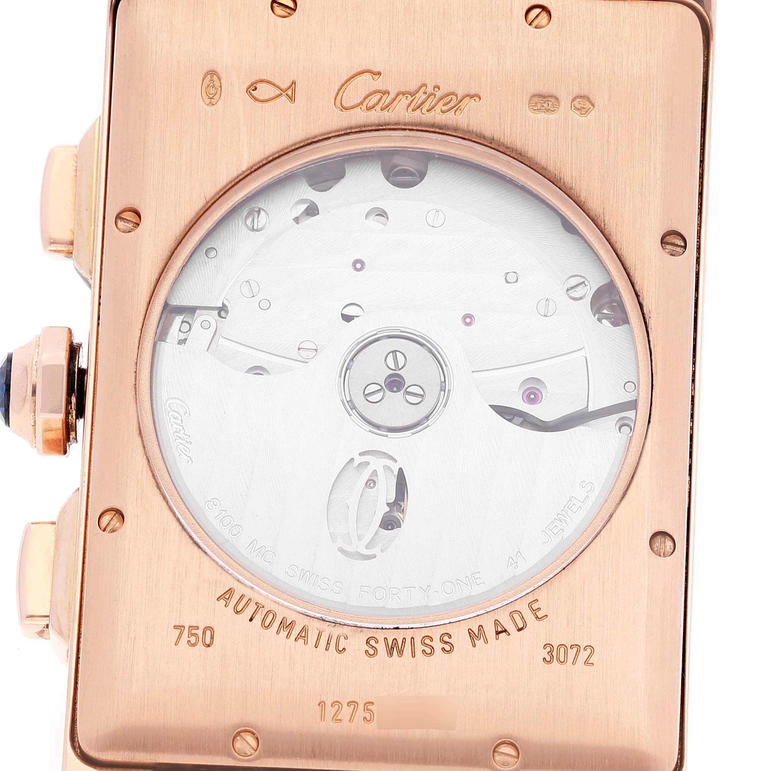 The image shows a back view of the Cartier Tank Americaine W2610751 Men's Rose Gold Silver Dial W2610751 Men's Rose Gold Silver Dial watch, highlighting its automatic movement and Swiss-made engraving.