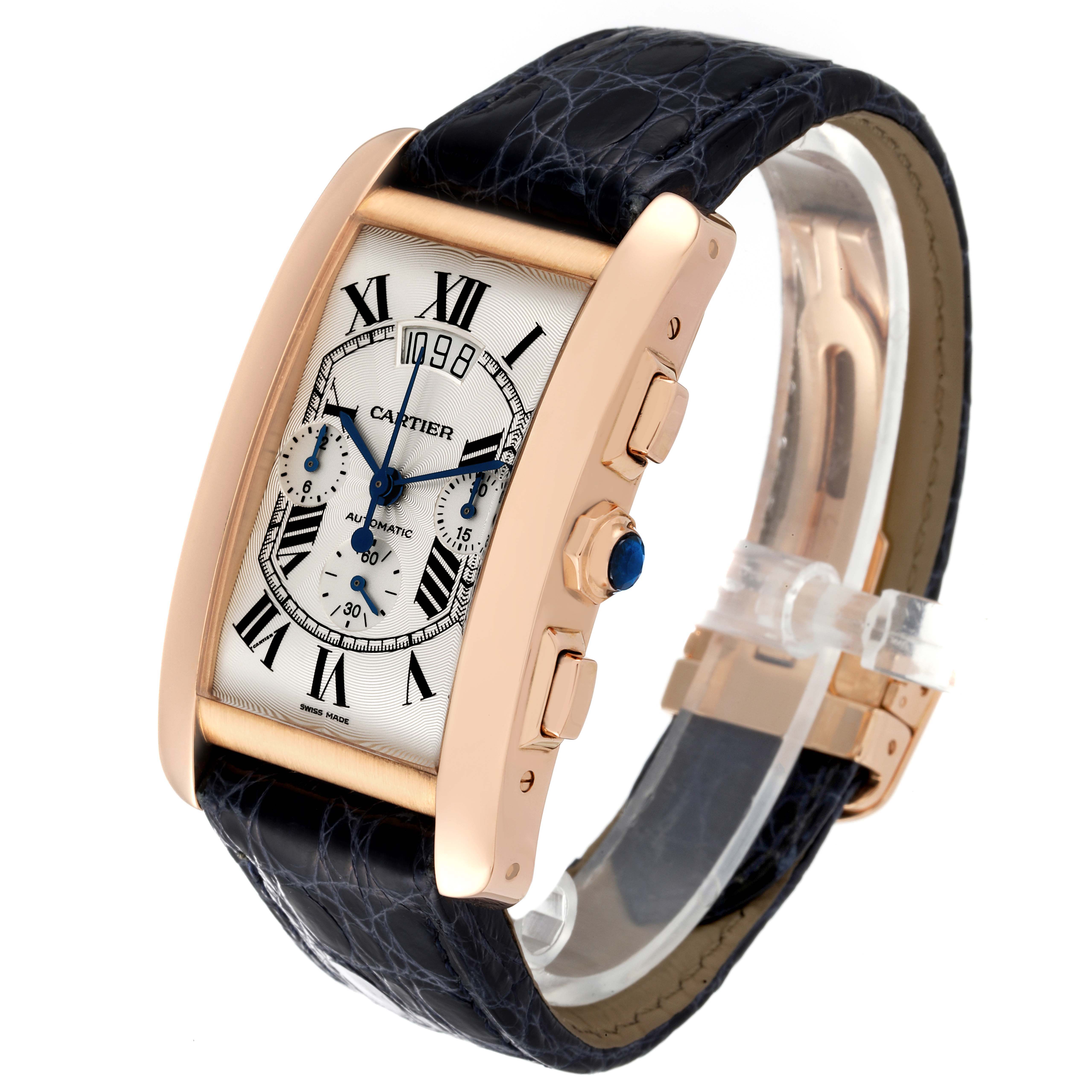 The image shows a side and front angle of a Cartier Tank Americaine W2610751 Men's Rose Gold Silver Dial W2610751 Men's Rose Gold Silver Dial watch, highlighting its rectangular dial and leather strap.