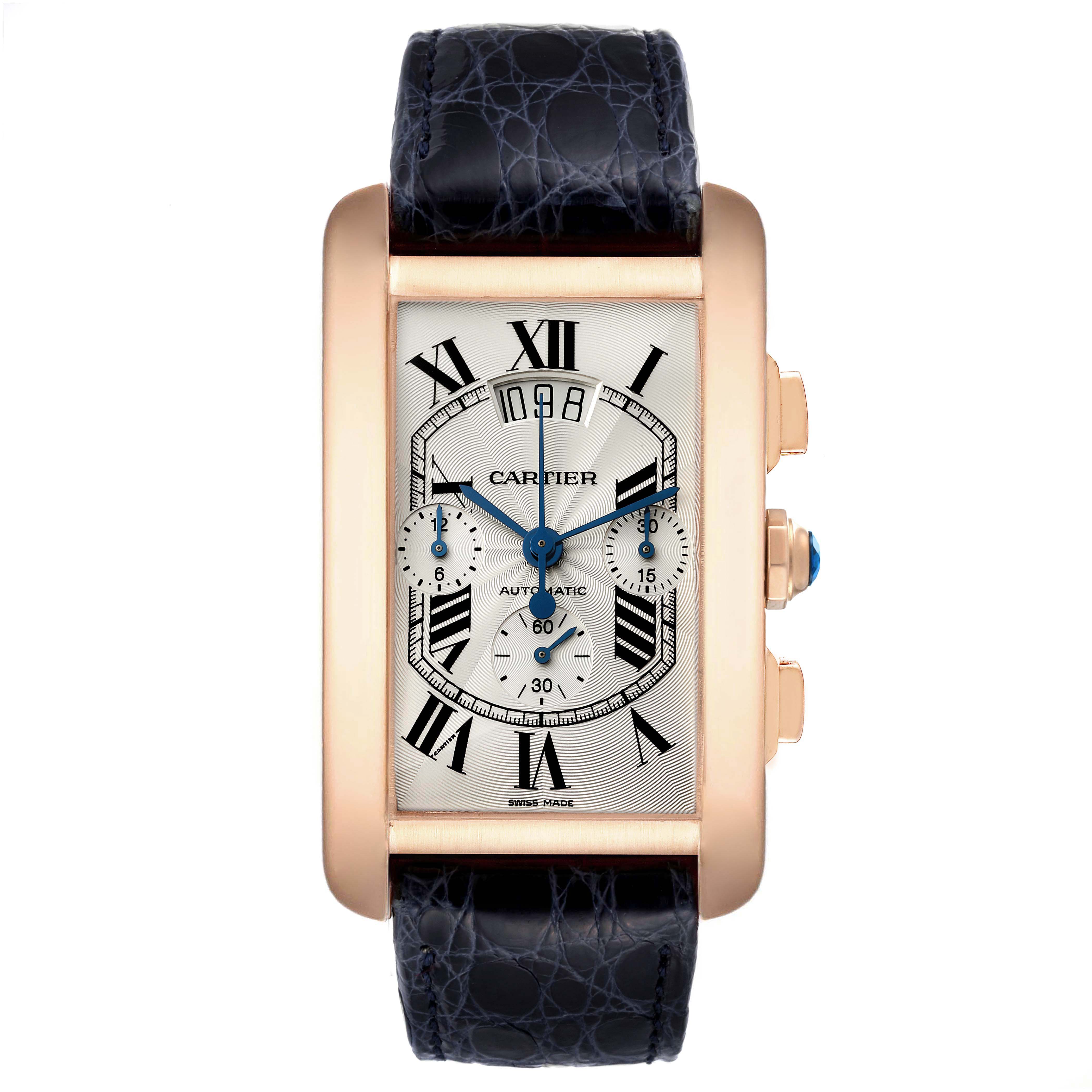 The image shows a frontal view of the Cartier Tank Americaine W2610751 Men's Rose Gold Silver Dial W2610751 Men's Rose Gold Silver Dial watch, highlighting its rectangular dial and leather strap.