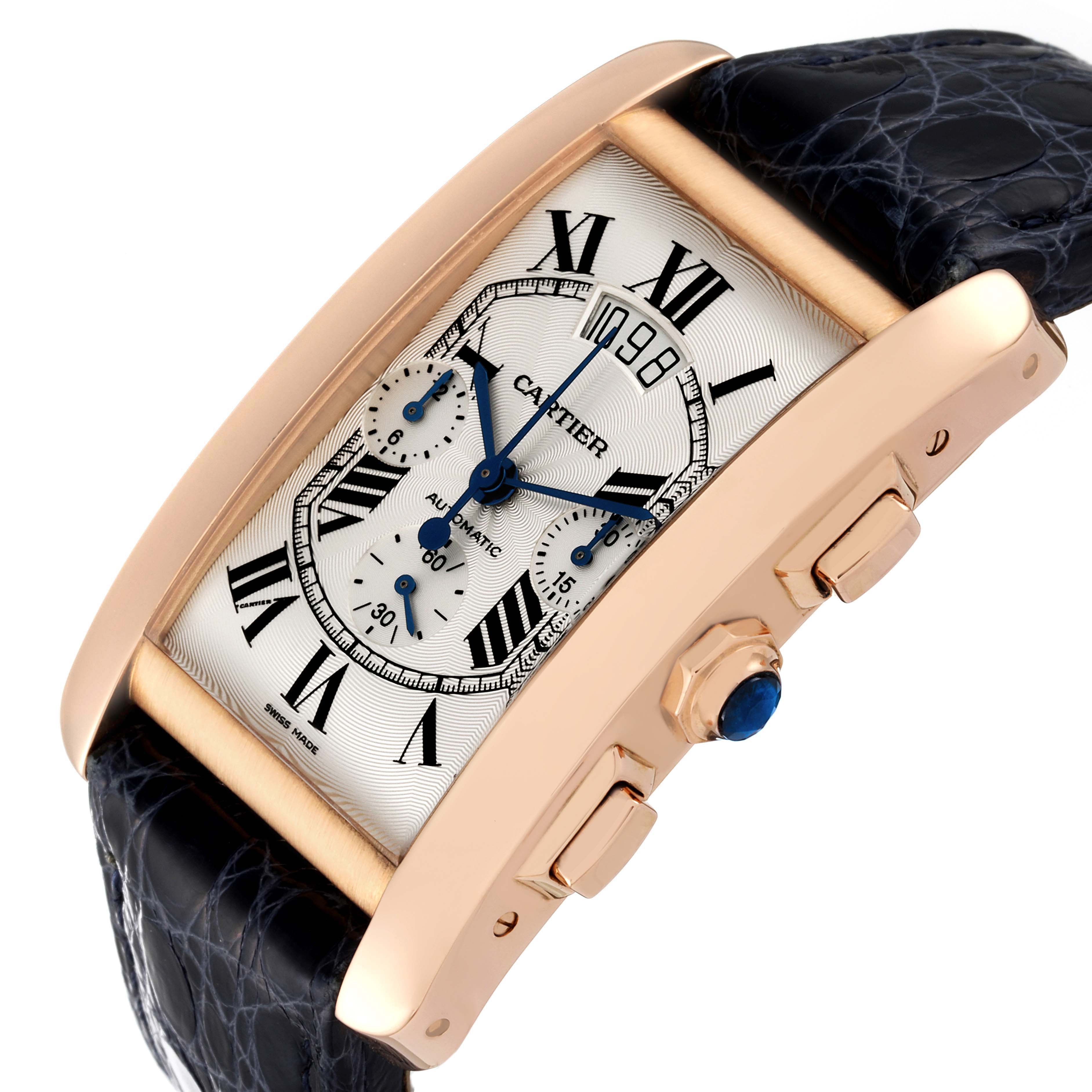 The Cartier Tank Americaine W2610751 Men's Rose Gold Silver Dial W2610751 Men's Rose Gold Silver Dial watch is shown at an angle highlighting its face, sides, crown, and strap.