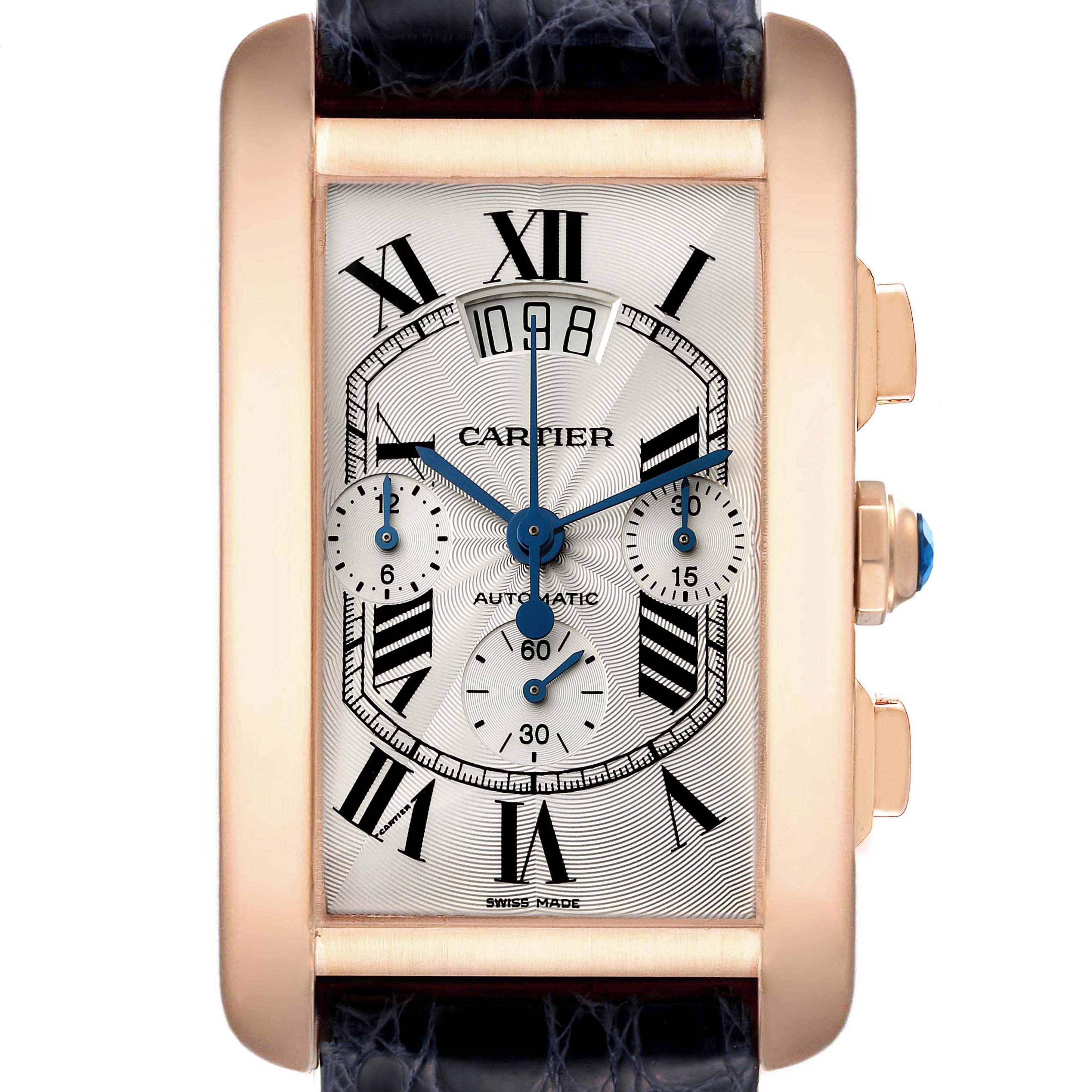 The image shows a full frontal view of a Cartier Tank Americaine W2610751 Men's Rose Gold Silver Dial W2610751 Men's Rose Gold Silver Dial watch, highlighting its face, case, and strap.