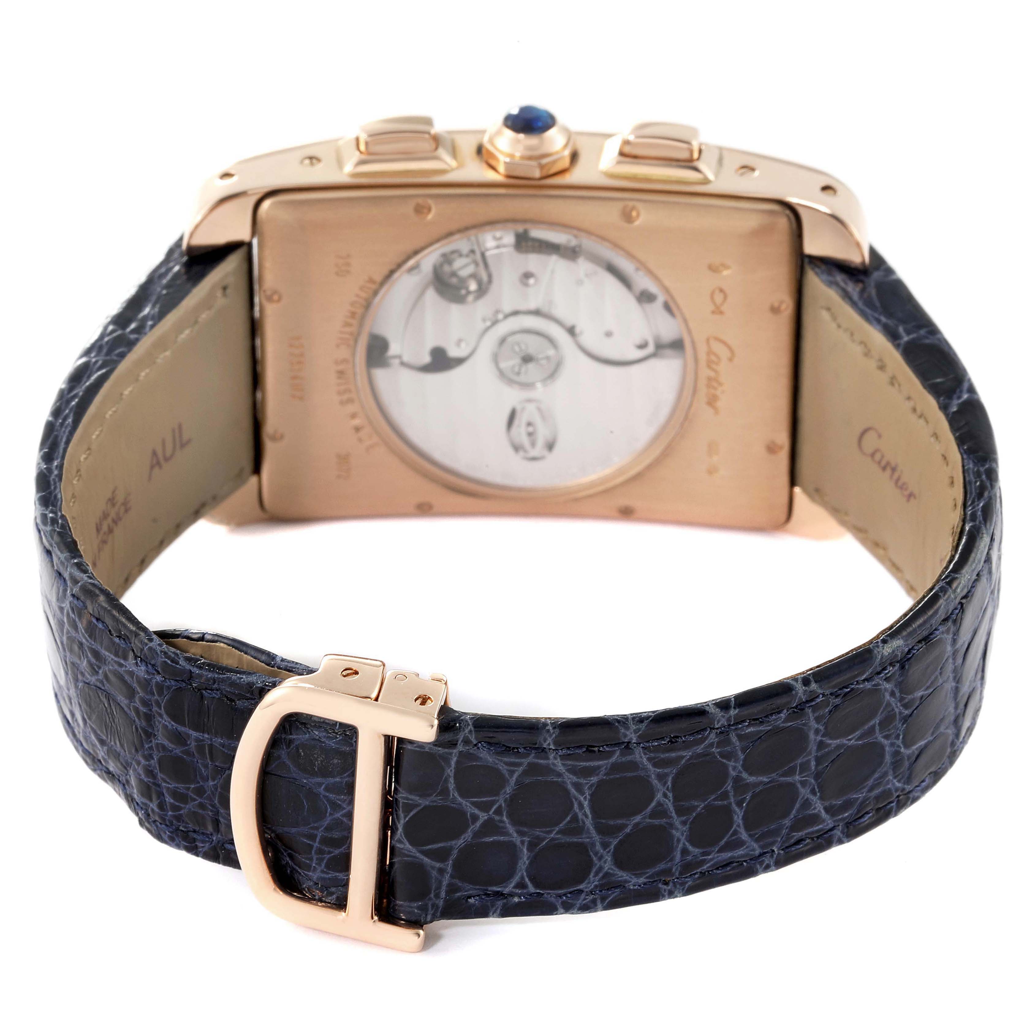 The image shows the back view of a Cartier Tank Americaine W2610751 Men's Rose Gold Silver Dial W2610751 Men's Rose Gold Silver Dial watch, highlighting its leather strap, buckle, and transparent case back.