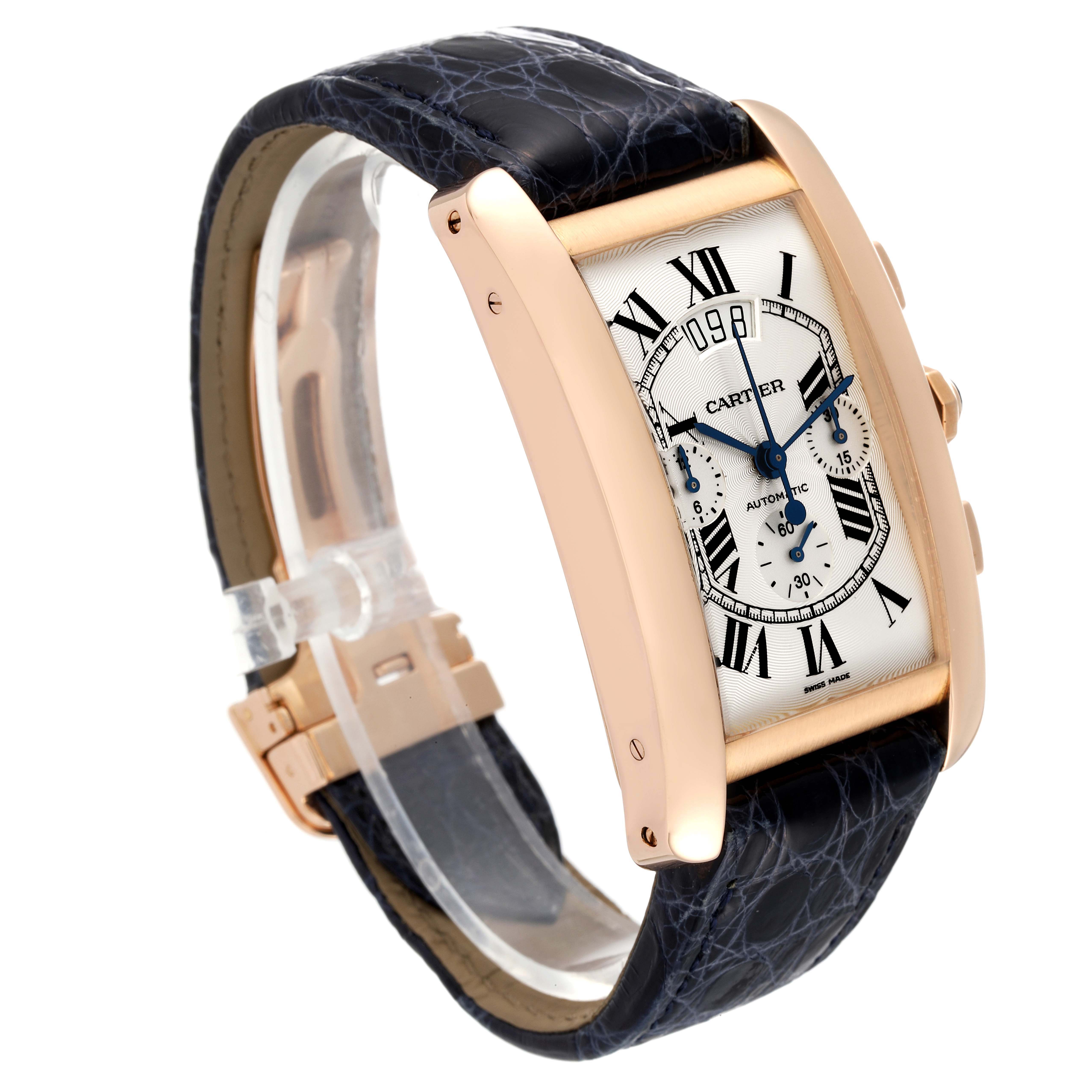 The image shows a close-up, angled view of the Cartier Tank Americaine W2610751 Men's Rose Gold Silver Dial W2610751 Men's Rose Gold Silver Dial watch, highlighting the face, case, and strap.