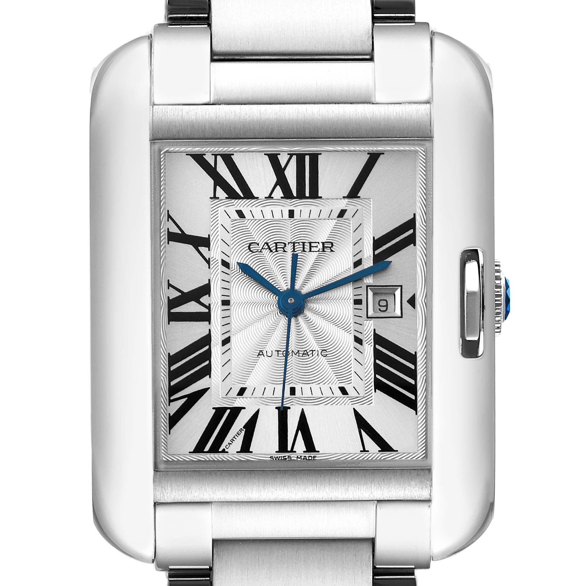 The image shows a close-up, front-facing view of the Cartier Tank Anglaise W5310009 Men's Stainless Steel Silver Dial W5310009 Men's Stainless Steel Silver Dial watch, highlighting its dial, hands, and date function.