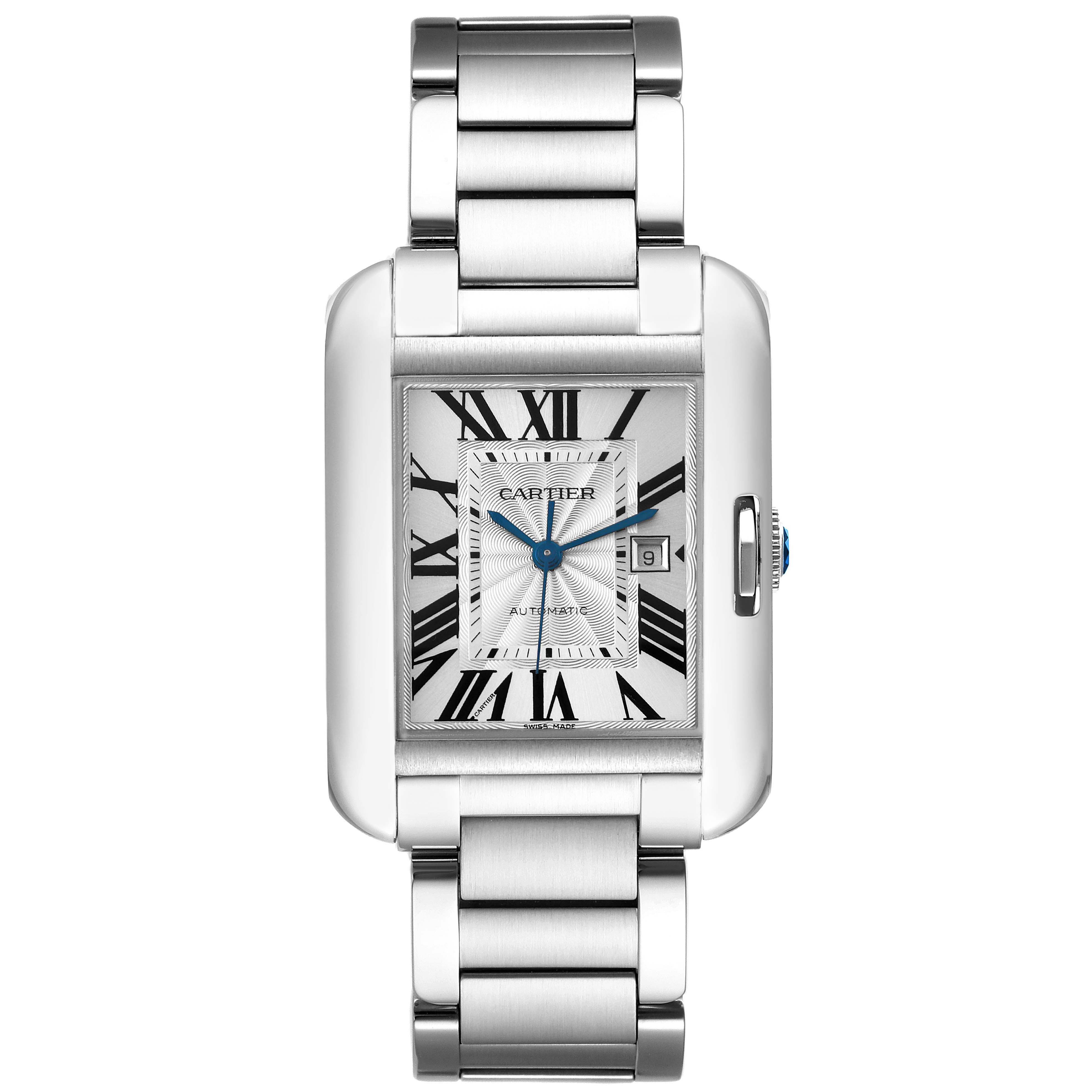 This image shows a Tank Anglaise model by Cartier viewed from the top, displaying the watch face, case, and bracelet.