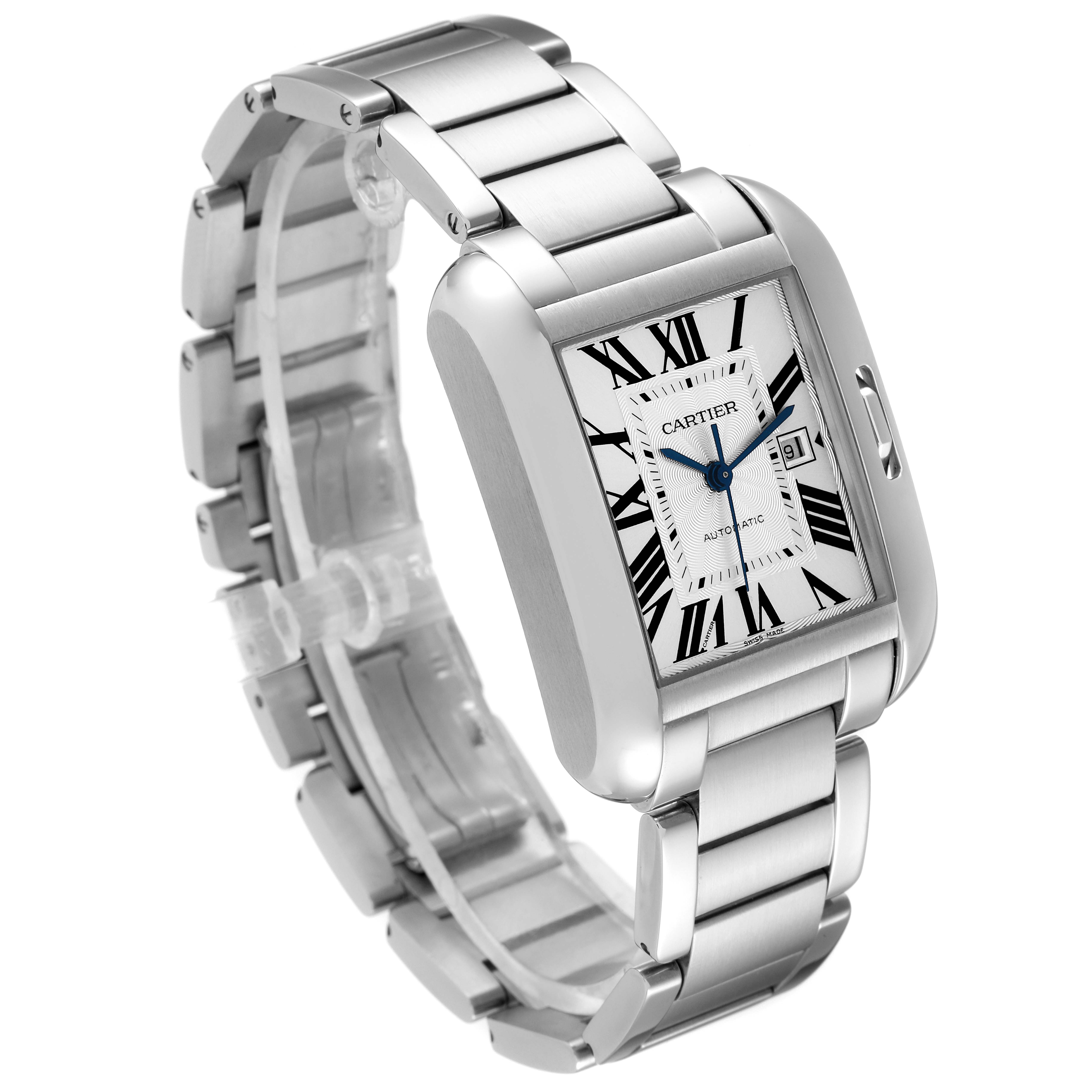 The image shows a three-quarter view of a Cartier Tank Anglaise W5310009 Men's Stainless Steel Silver Dial W5310009 Men's Stainless Steel Silver Dial watch highlighting its rectangular face, bracelet, and crown.