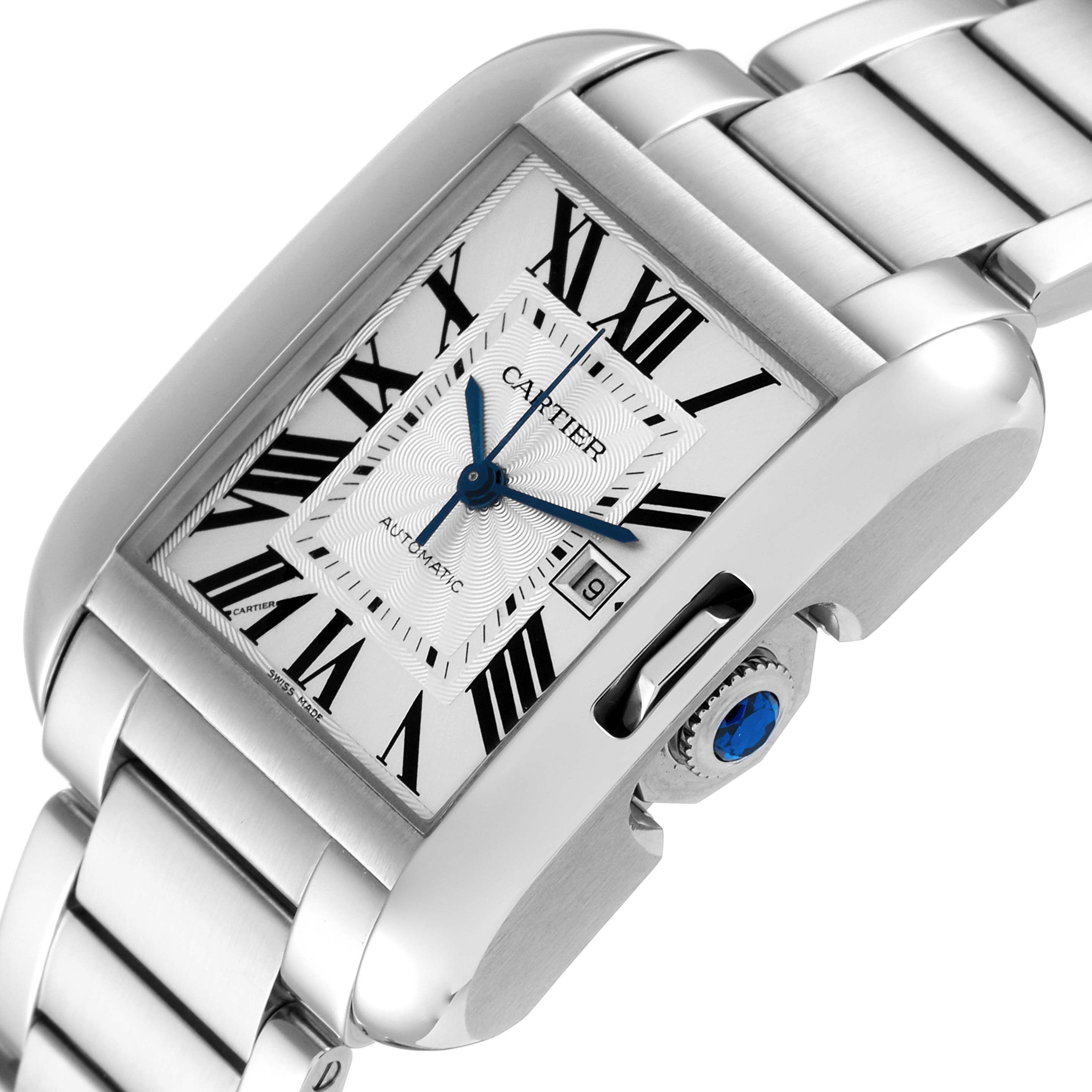 This image shows a close-up view of the Cartier Tank Anglaise W5310009 Men's Stainless Steel Silver Dial W5310009 Men's Stainless Steel Silver Dial watch highlighting its dial, crown, and part of the bracelet.