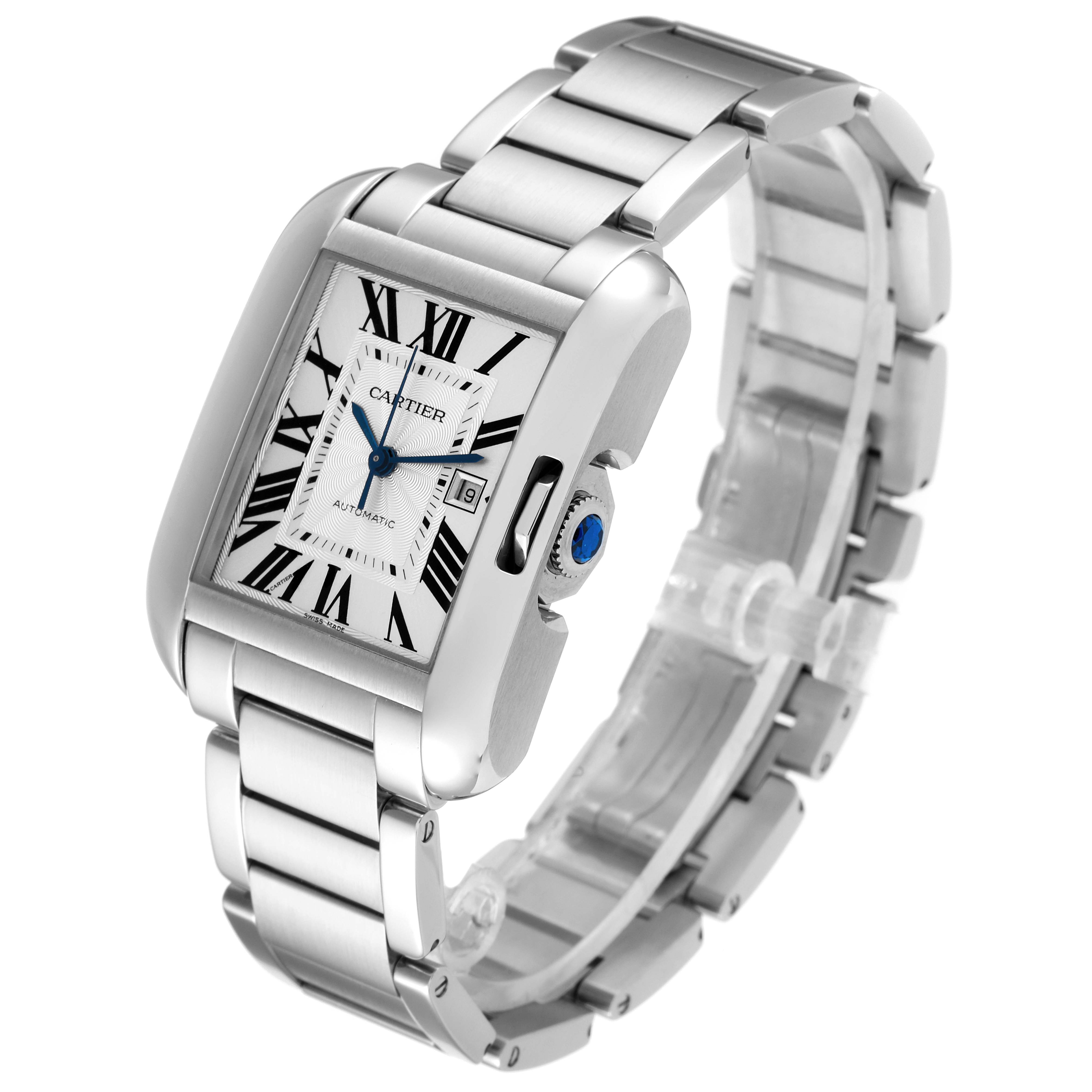 The image shows a Cartier Tank Anglaise W5310009 Men's Stainless Steel Silver Dial W5310009 Men's Stainless Steel Silver Dial watch at a three-quarter angle, displaying the face, bracelet, and crown.