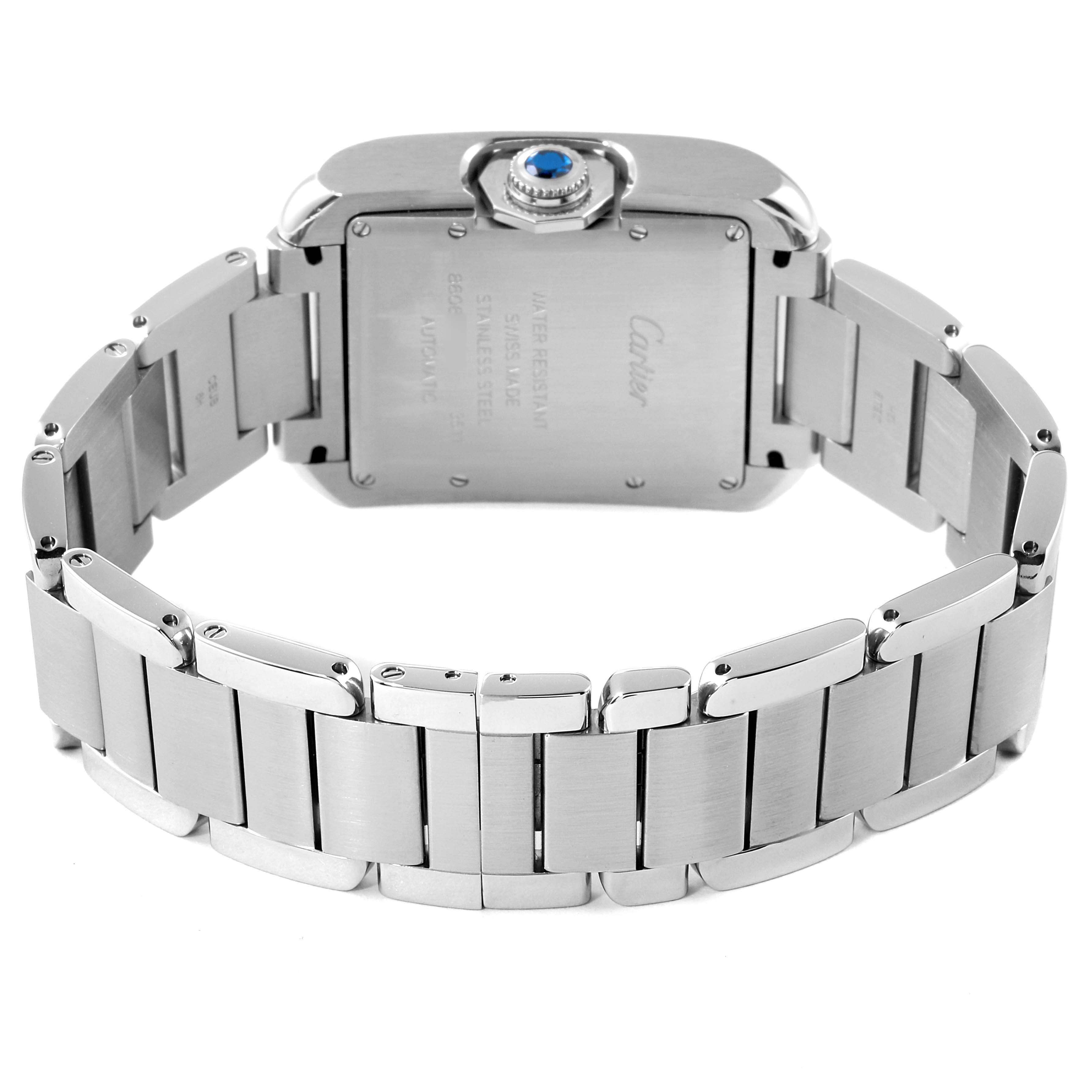 This image shows the case back and bracelet of the Cartier Tank Anglaise W5310009 Men's Stainless Steel Silver Dial W5310009 Men's Stainless Steel Silver Dial watch from a rear angle.