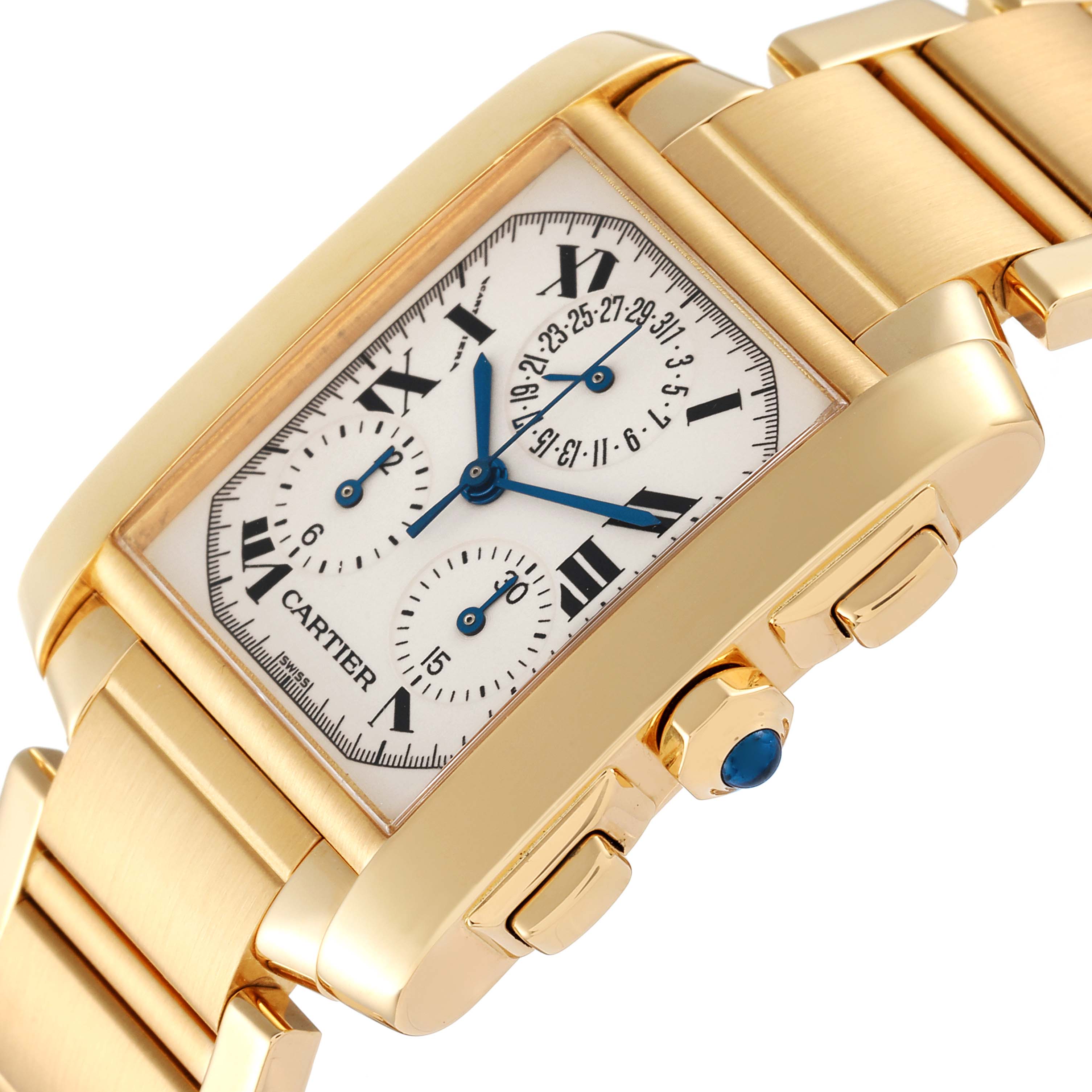 The image shows a close-up, angled view of a gold Cartier Tank Francaise W50005R2 Men's Yellow Gold Silver Dial W50005R2 Men's Yellow Gold Silver Dial watch, highlighting the dial, crown, pushers, and bracelet.