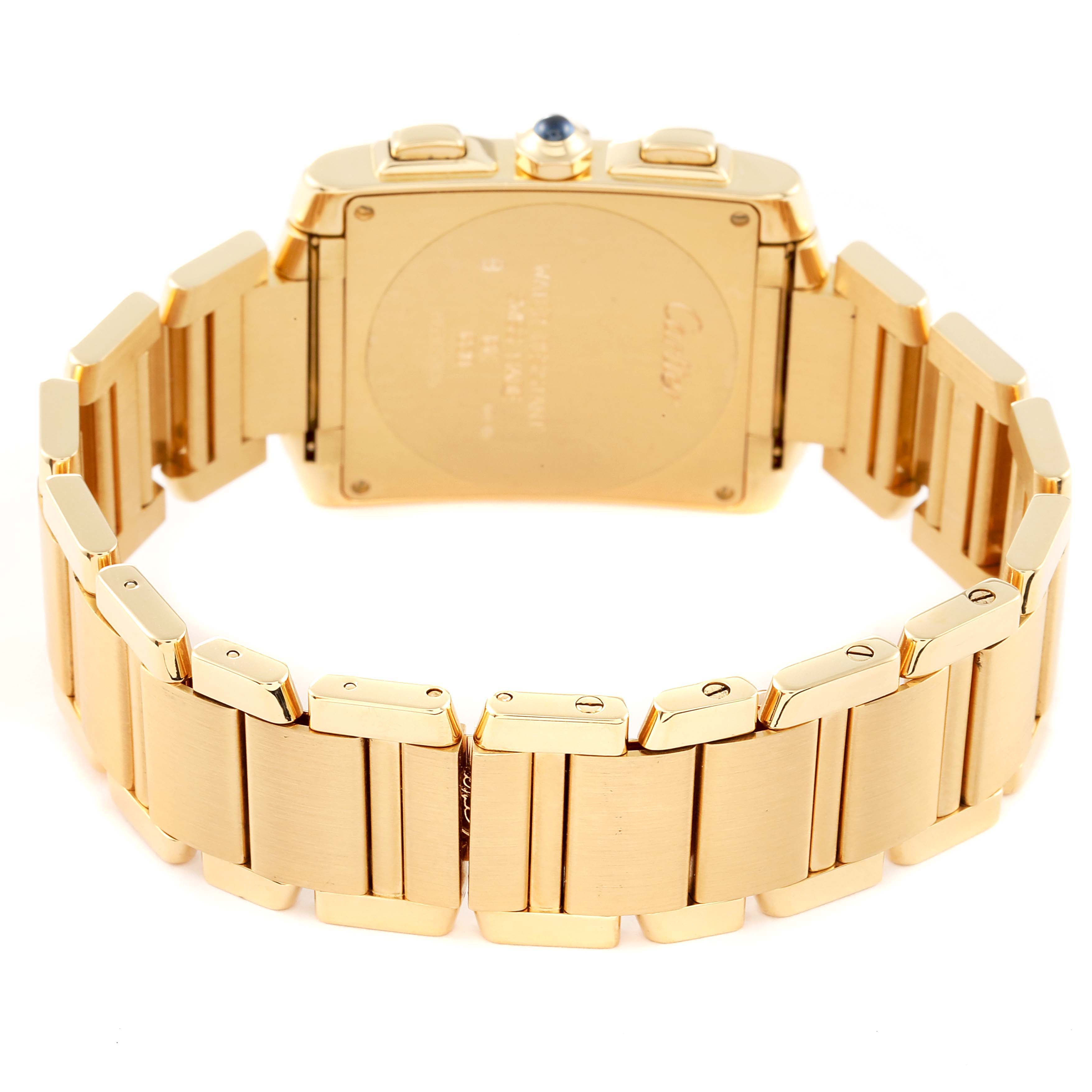 The image shows the back and bracelet of a Cartier Tank Francaise W50005R2 Men's Yellow Gold Silver Dial W50005R2 Men's Yellow Gold Silver Dial watch in a gold tone.