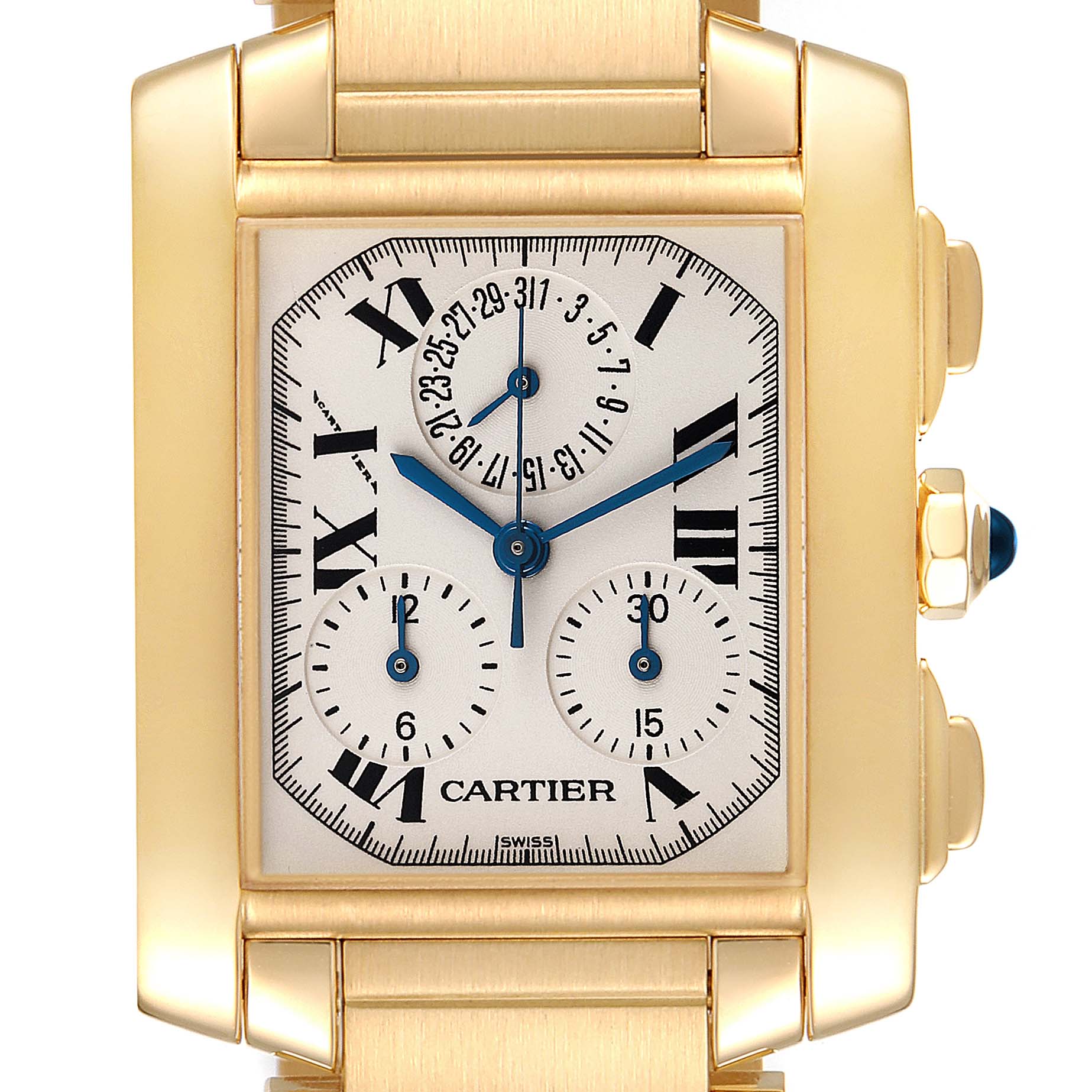This image shows a front view of the Cartier Tank Francaise W50005R2 Men's Yellow Gold Silver Dial W50005R2 Men's Yellow Gold Silver Dial watch, featuring its face, dial, and part of the bracelet.