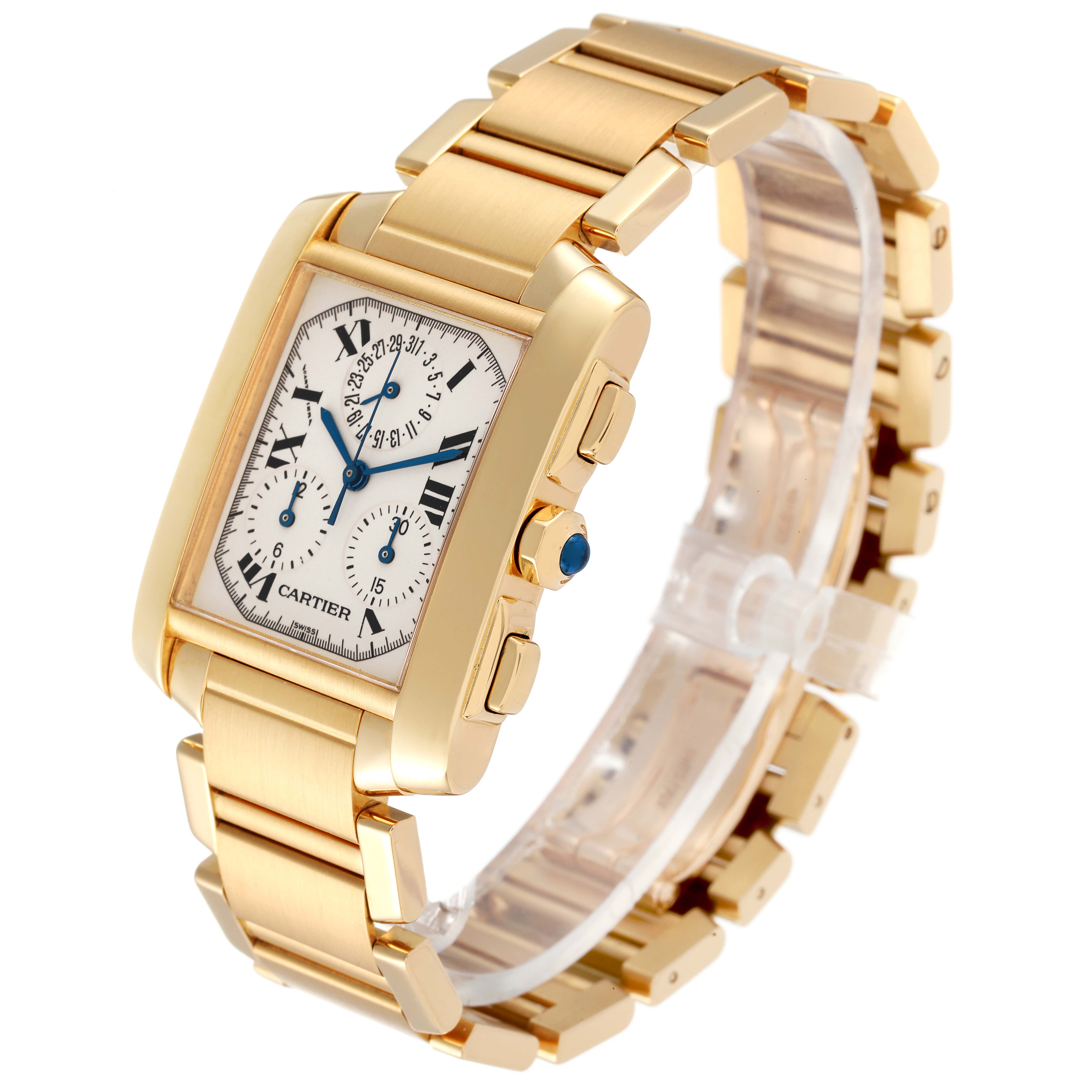 The image shows a side and front angle of a Cartier Tank Francaise W50005R2 Men's Yellow Gold Silver Dial W50005R2 Men's Yellow Gold Silver Dial watch, highlighting its gold case and bracelet.