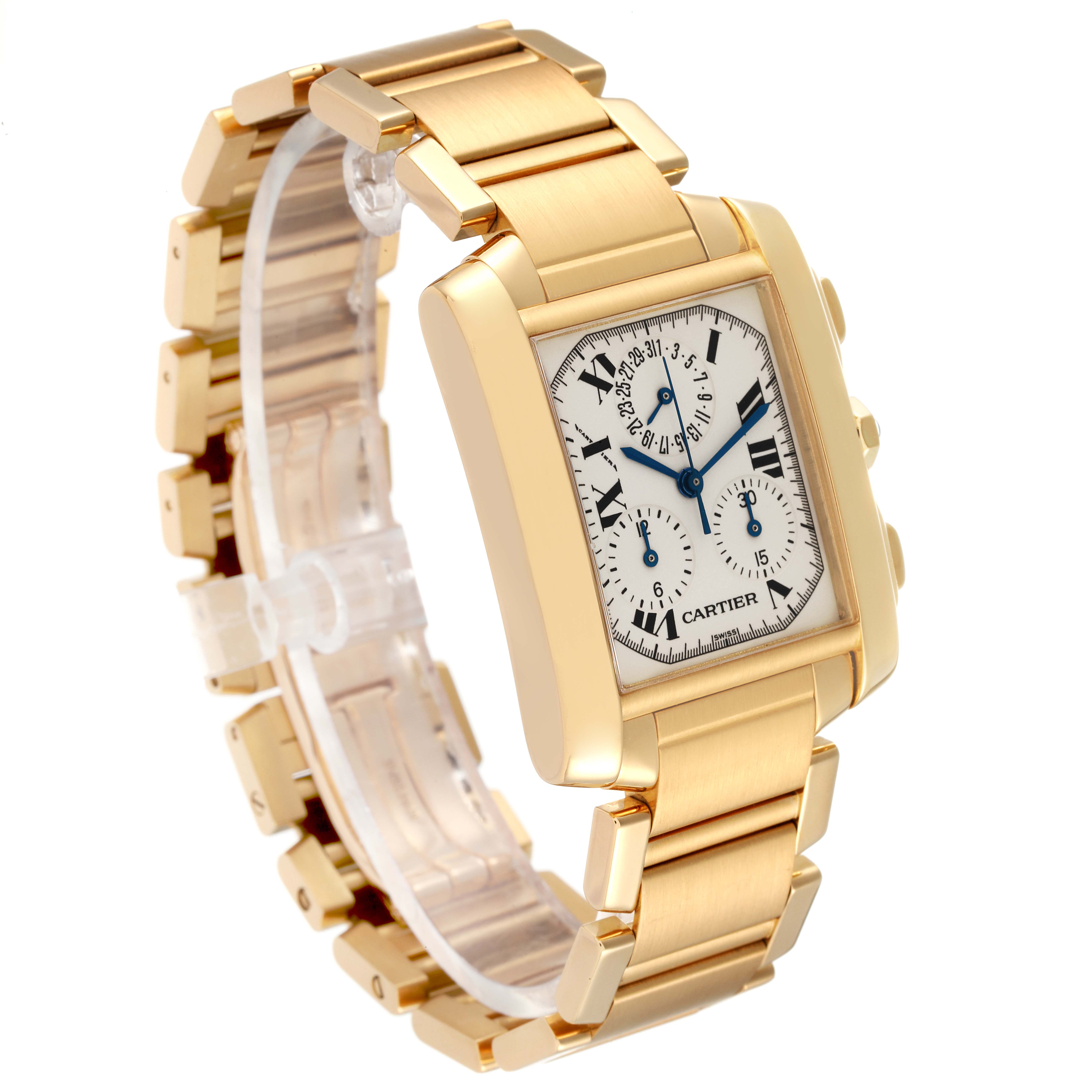 The image shows a Cartier Tank Francaise W50005R2 Men's Yellow Gold Silver Dial W50005R2 Men's Yellow Gold Silver Dial watch angled to display the face, side buttons, and gold bracelet.