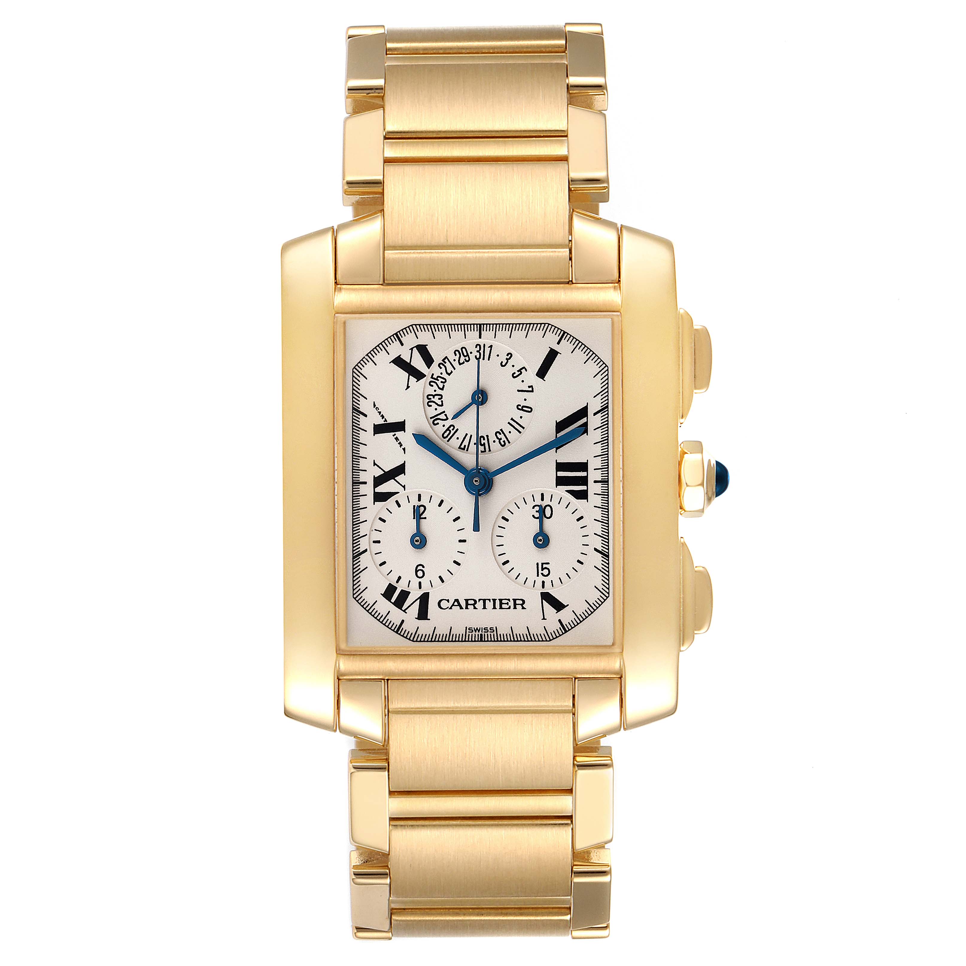 The image shows a front view of the Tank Francaise watch by Cartier, showcasing its face and bracelet.