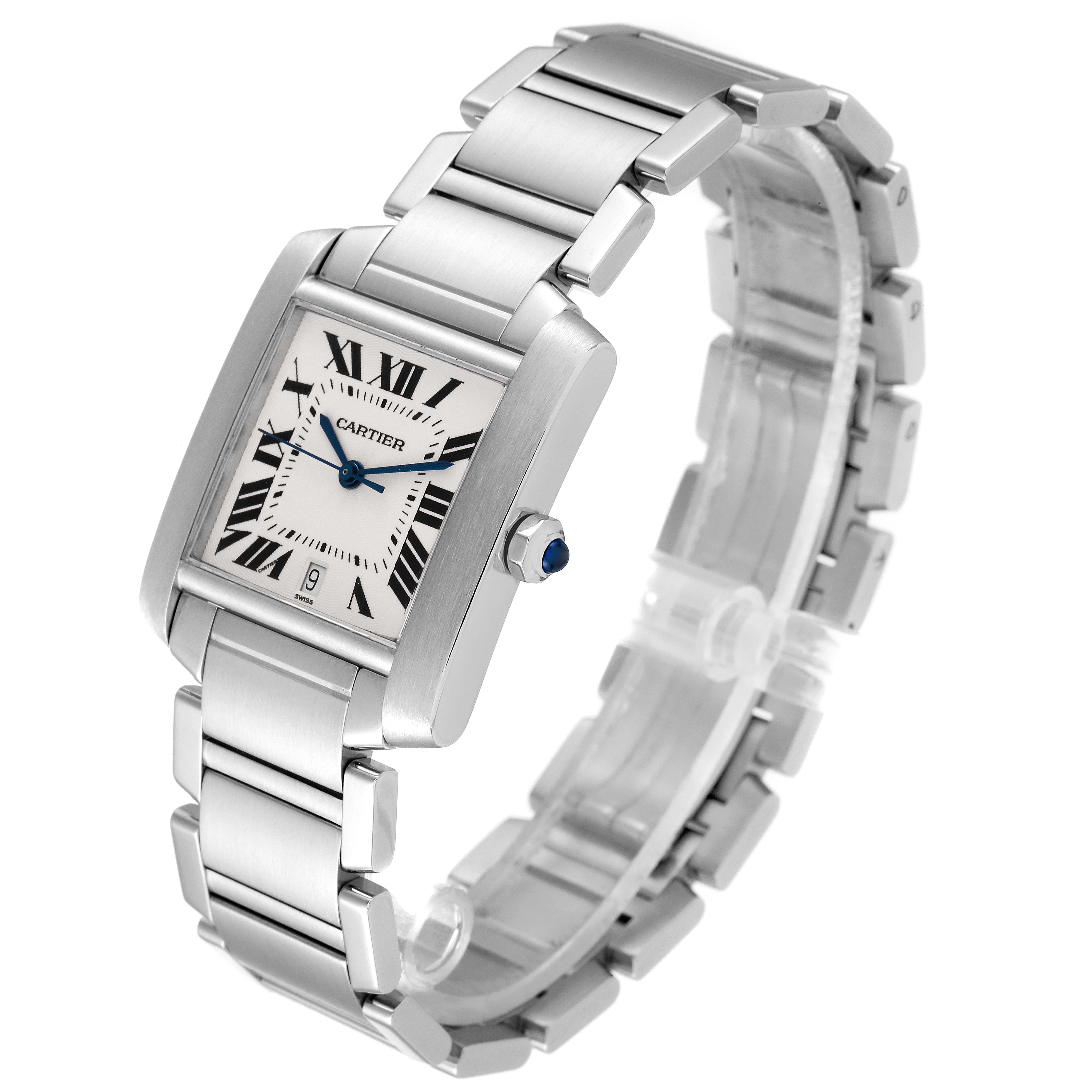 The Cartier Tank Francaise W51002Q3 Men's Stainless Steel Silver Dial W51002Q3 Men's Stainless Steel Silver Dial watch is shown at an oblique angle, highlighting the face, bezel, bracelet, and crown.