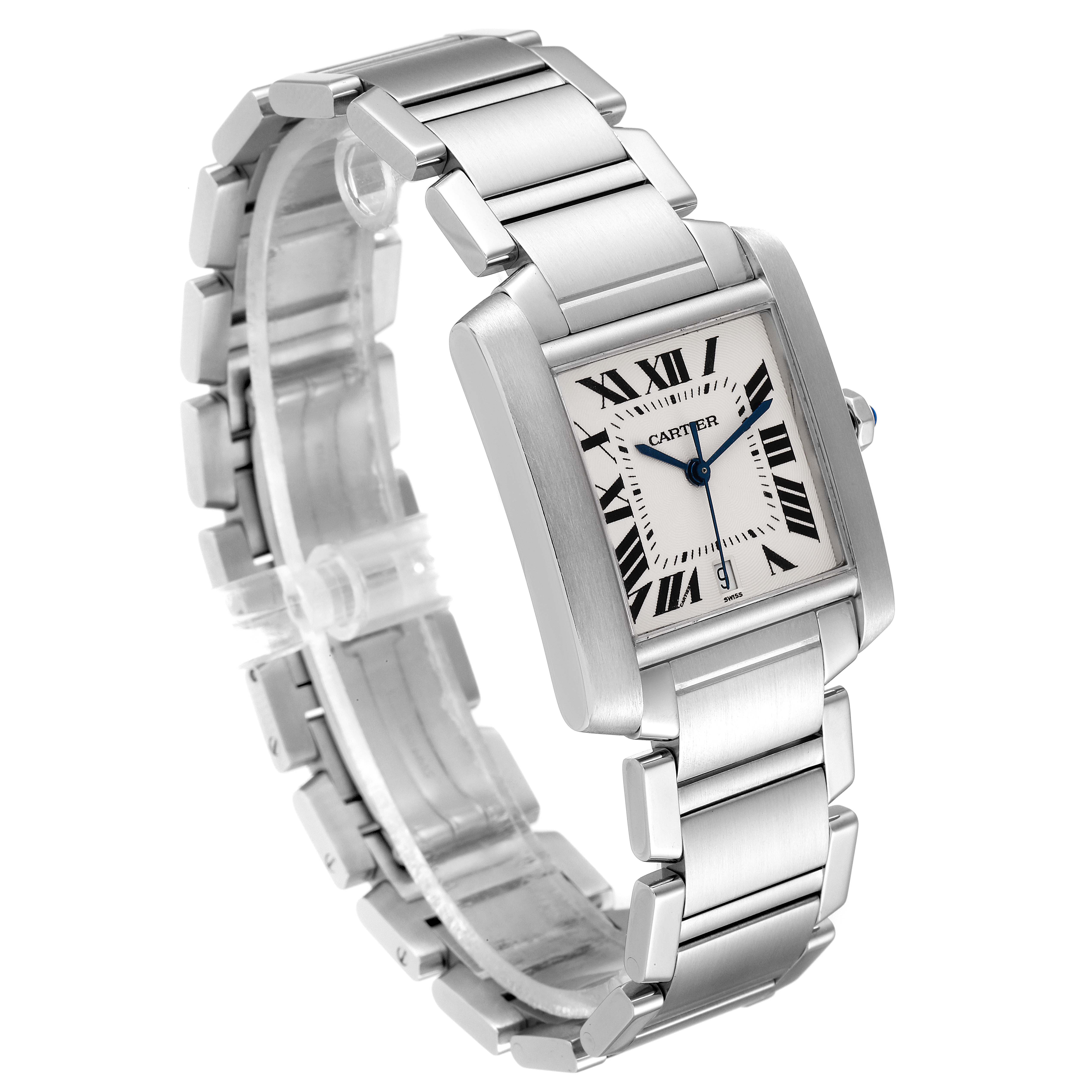 The image shows a Cartier Tank Française watch at a three-quarter angle highlighting its face, bezel, and metal bracelet.