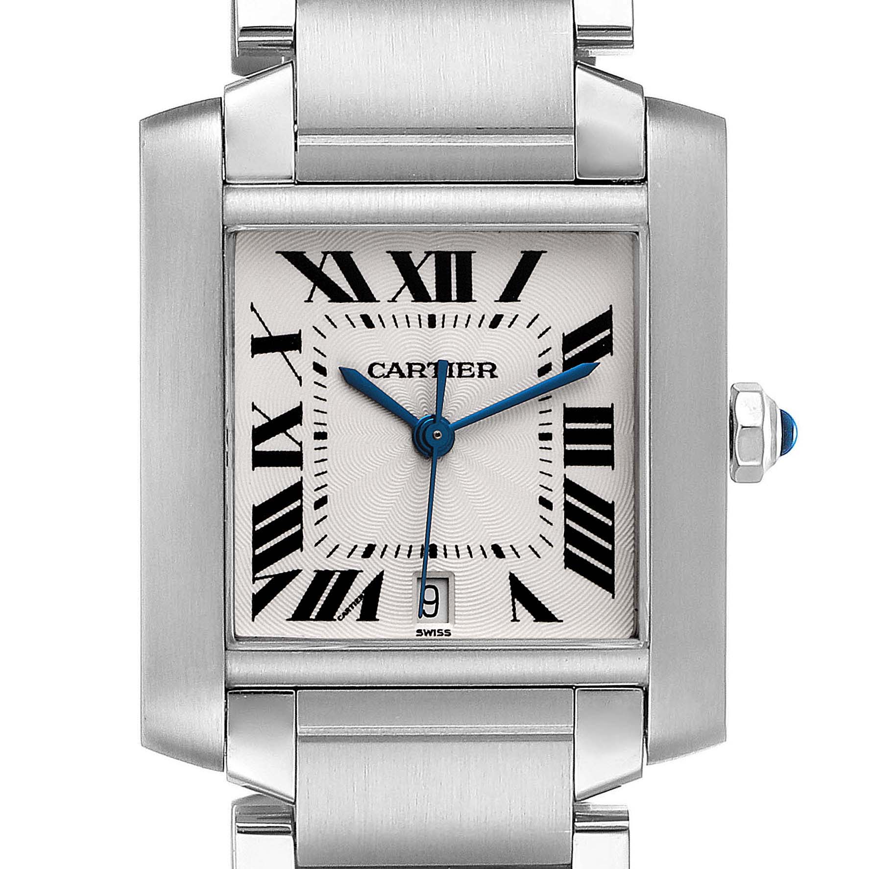 This image shows a close-up of the face and part of the bracelet of a Cartier Tank Francaise W51002Q3 Men's Stainless Steel Silver Dial W51002Q3 Men's Stainless Steel Silver Dial watch, highlighting its Roman numerals and blue hands.
