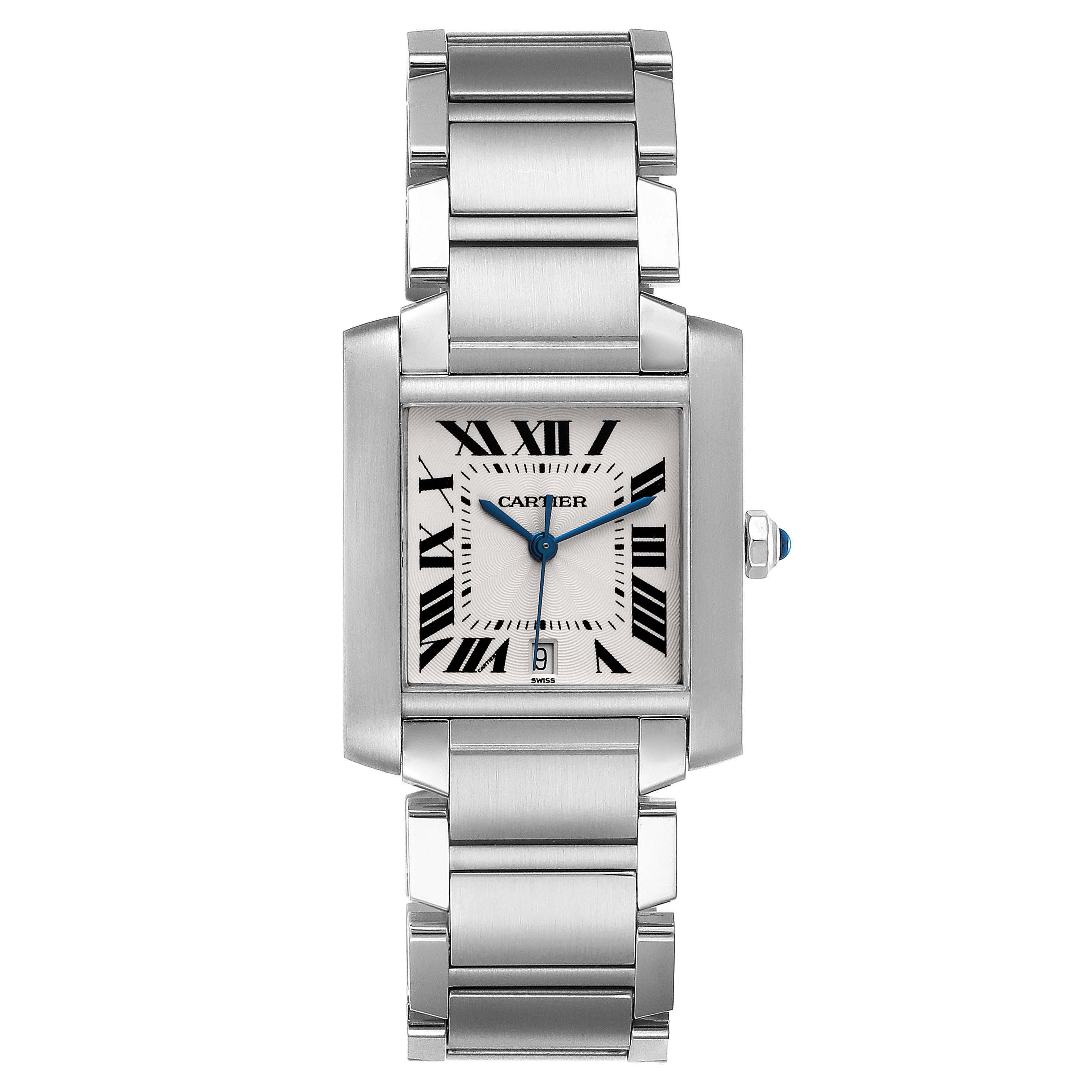 The image shows a Cartier Tank Francaise W51002Q3 Men's Stainless Steel Silver Dial W51002Q3 Men's Stainless Steel Silver Dial watch from the front, highlighting its stainless steel case and bracelet.