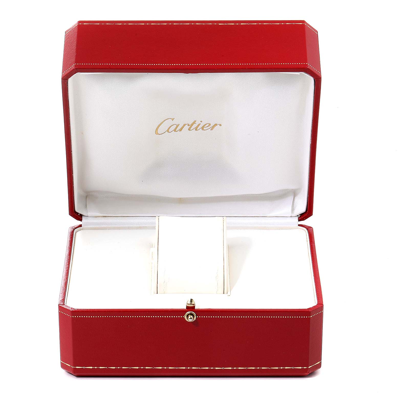 The image shows a Cartier Tank Francaise W51002Q3 Men's Stainless Steel Silver Dial W51002Q3 Men's Stainless Steel Silver Dial watch box with a red exterior and white interior, viewed from the front.