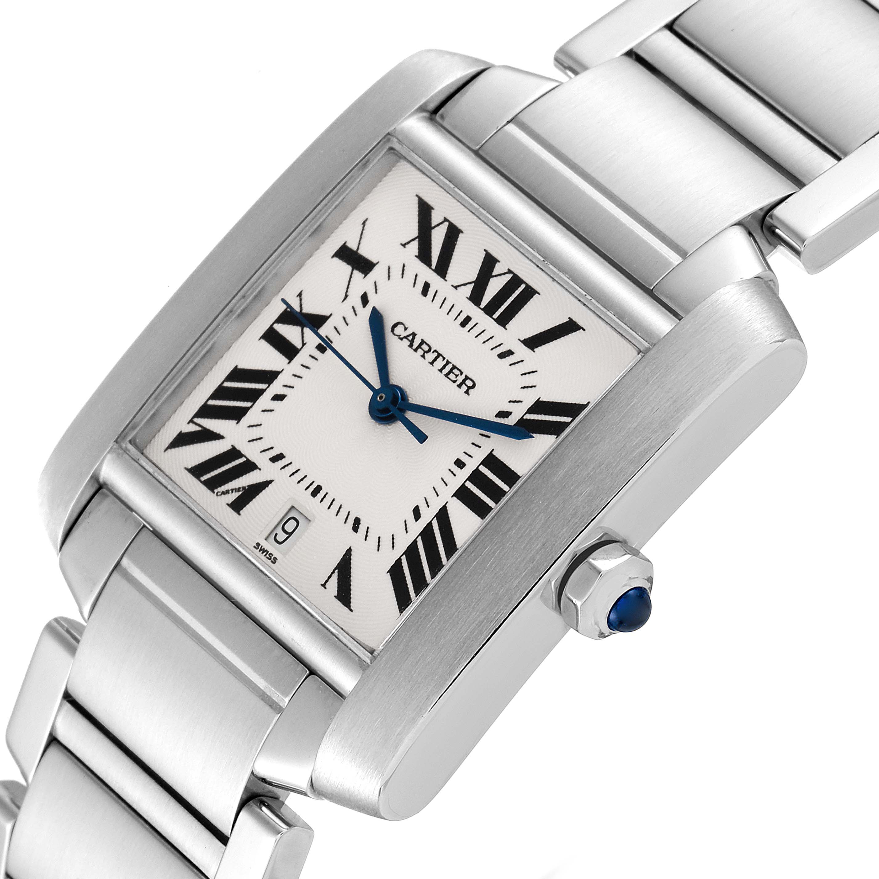 The image shows a Cartier Tank Francaise W51002Q3 Men's Stainless Steel Silver Dial W51002Q3 Men's Stainless Steel Silver Dial watch at an angle highlighting the dial, crown, and a portion of the bracelet.