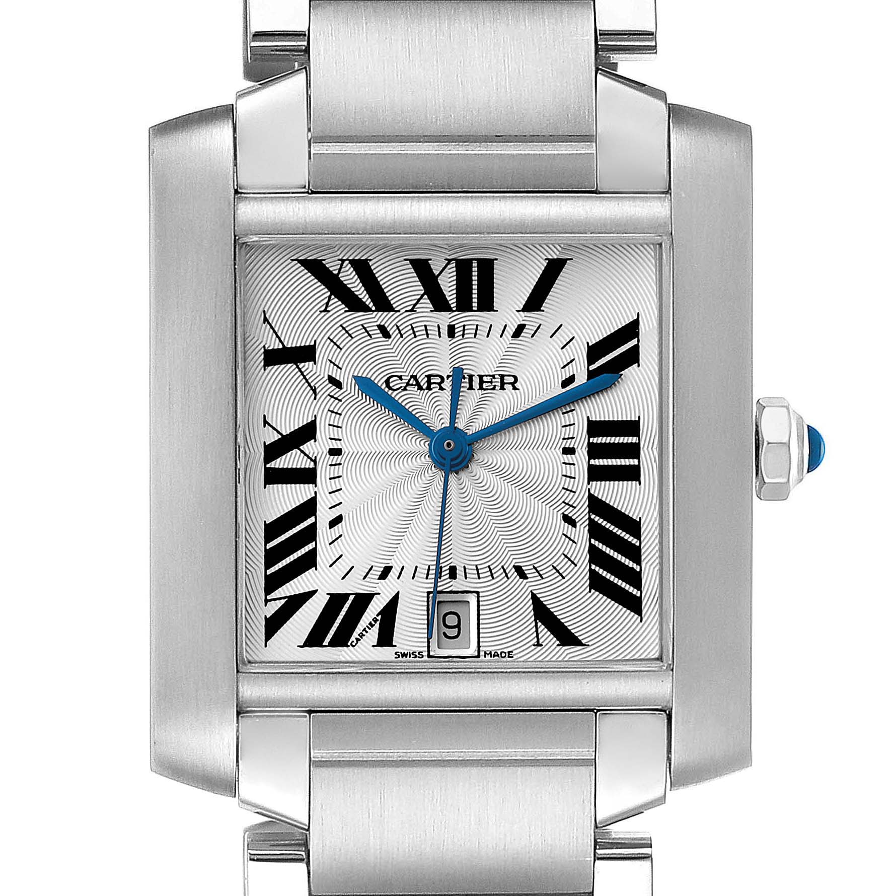 The image shows a close-up of the dial and part of the bracelet of a Cartier Tank Française watch, featuring Roman numerals and a date window.