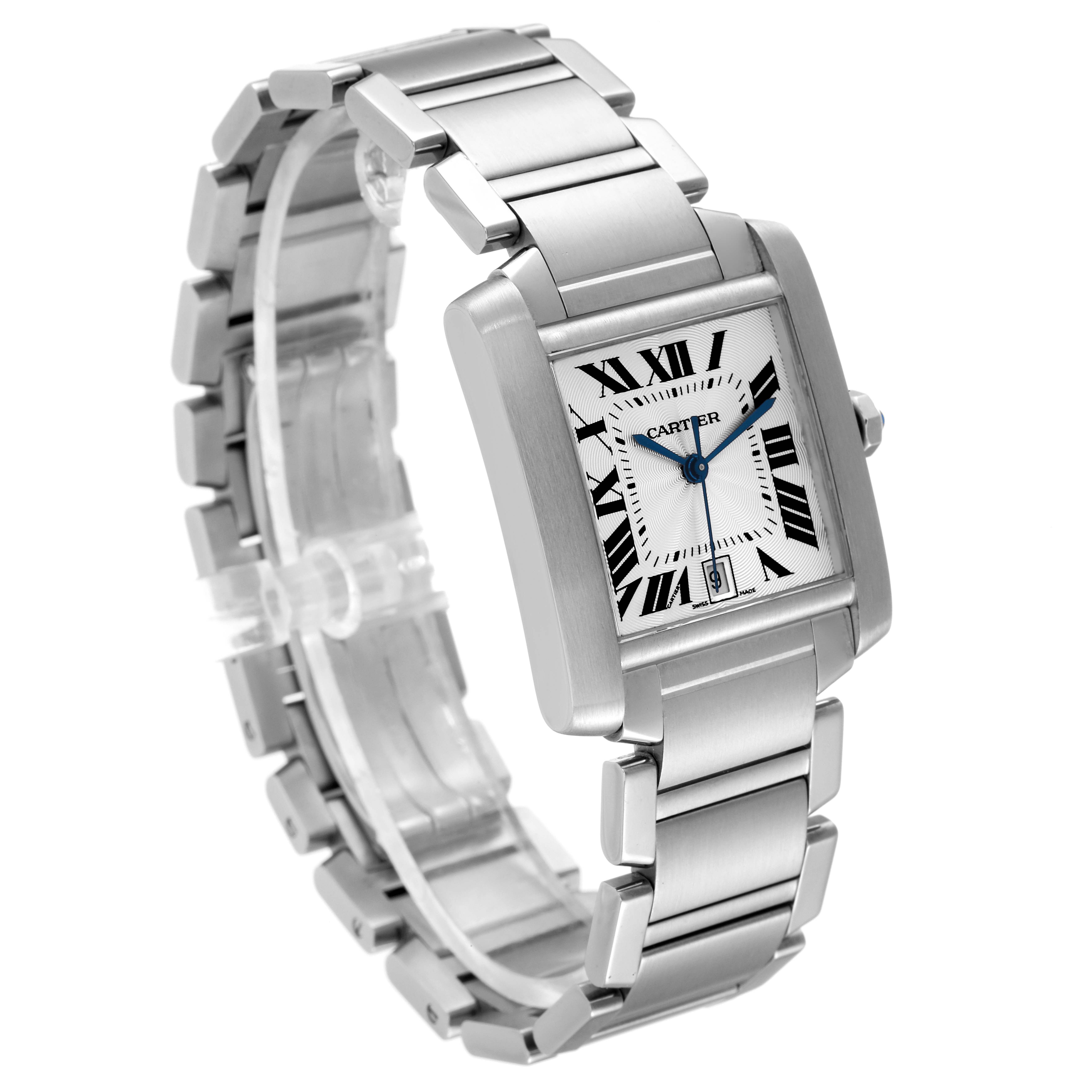 The image shows a Cartier Tank Francaise W51002Q3 Men's Stainless Steel Silver Dial W51002Q3 Men's Stainless Steel Silver Dial watch at an angle displaying its face, bracelet, and side crown.