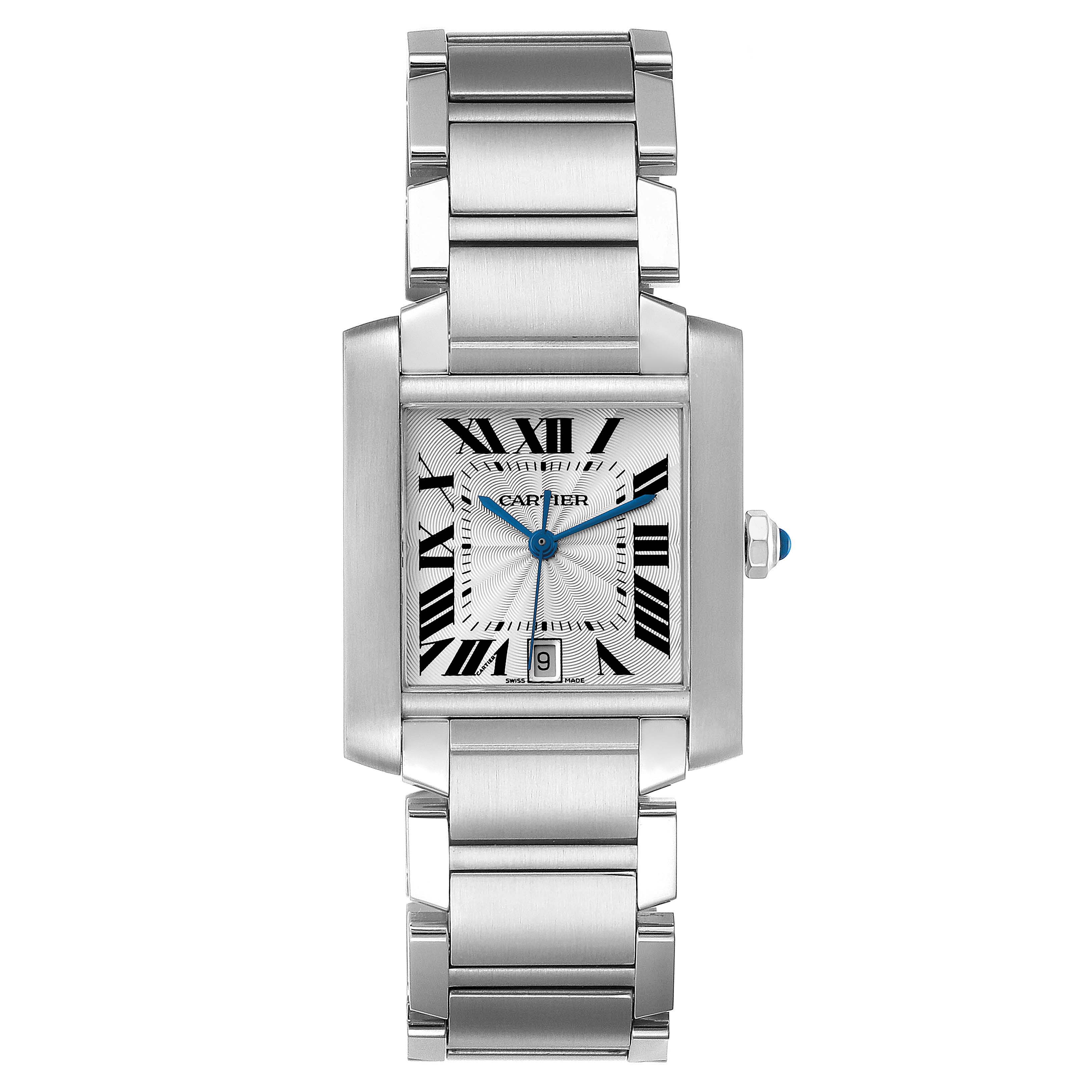 This image shows a frontal view of a Cartier Tank Francaise W51002Q3 Men's Stainless Steel Silver Dial W51002Q3 Men's Stainless Steel Silver Dial watch, displaying the face, bracelet, and crown.