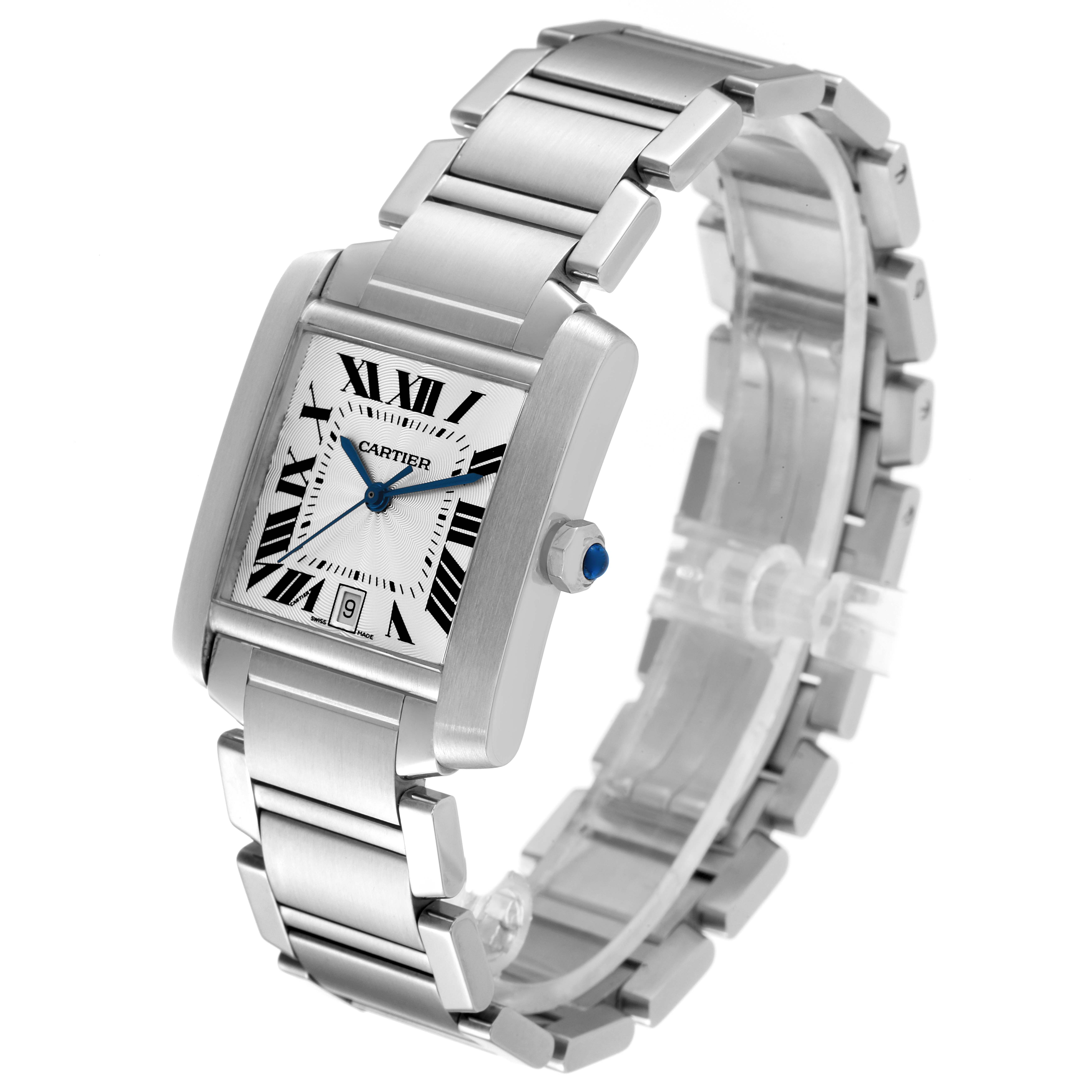 The image shows a Cartier Tank Francaise W51002Q3 Men's Stainless Steel Silver Dial W51002Q3 Men's Stainless Steel Silver Dial watch at a three-quarter angle highlighting the face, bezel, bracelet, and crown with a blue stone.