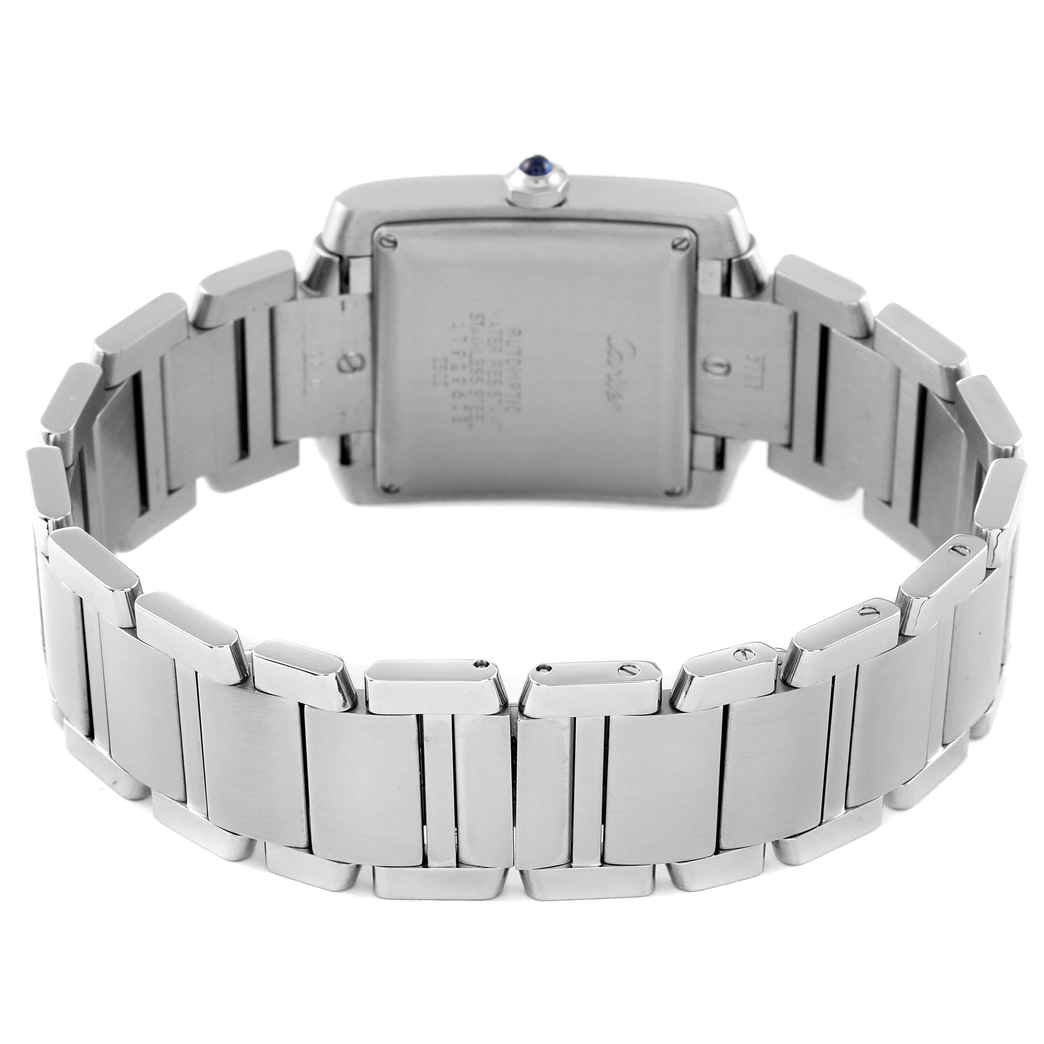 The image shows the back view of the Cartier Tank Francaise W51002Q3 Men's Stainless Steel Silver Dial W51002Q3 Men's Stainless Steel Silver Dial watch, displaying the case back and metal bracelet.