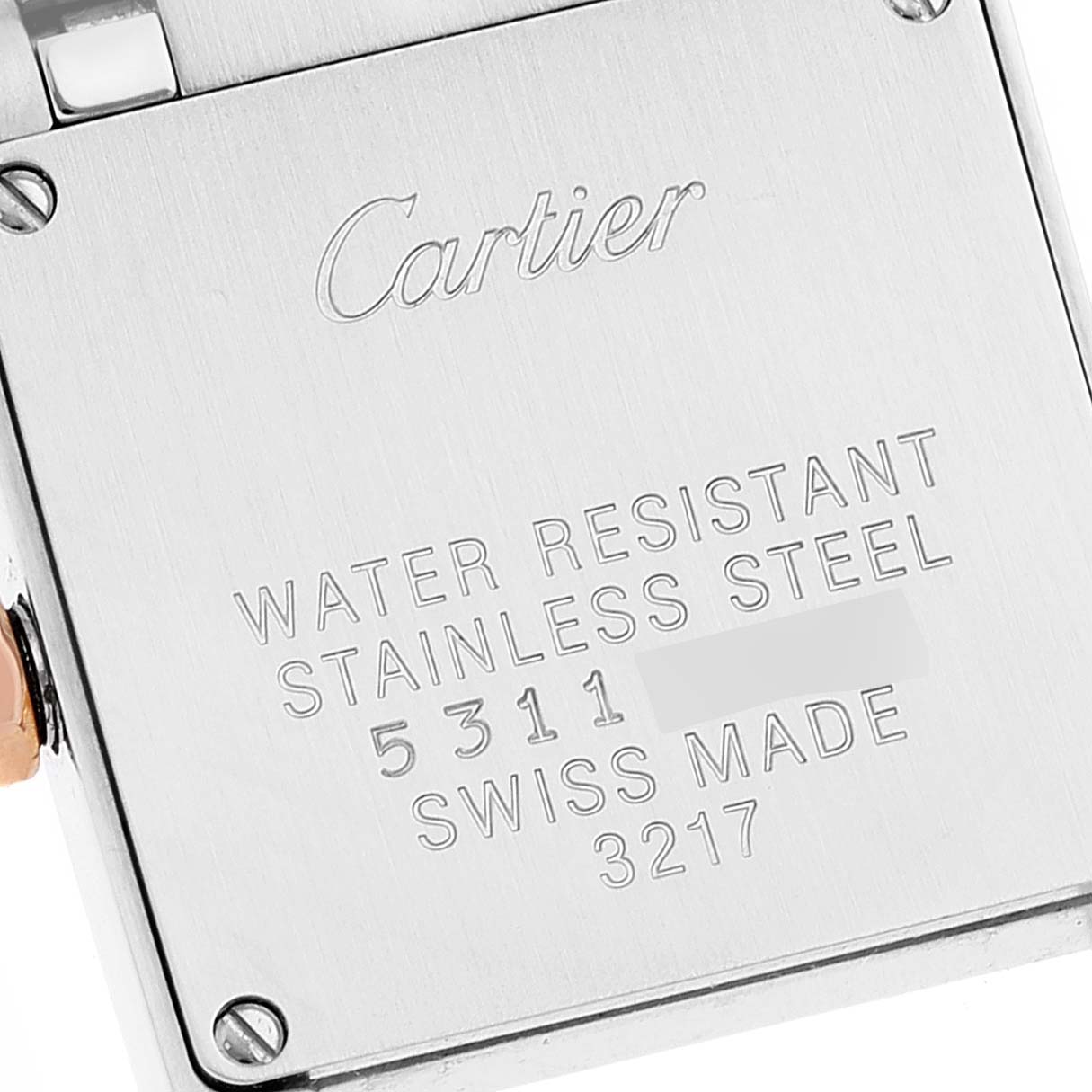 The image shows the back casing of a Cartier Tank Francaise WE110004 Women's Steel and Gold (two tone) Silver Dial WE110004 Women's Steel and Gold (two tone) Silver Dial watch, highlighting the brand, model, and specifications.